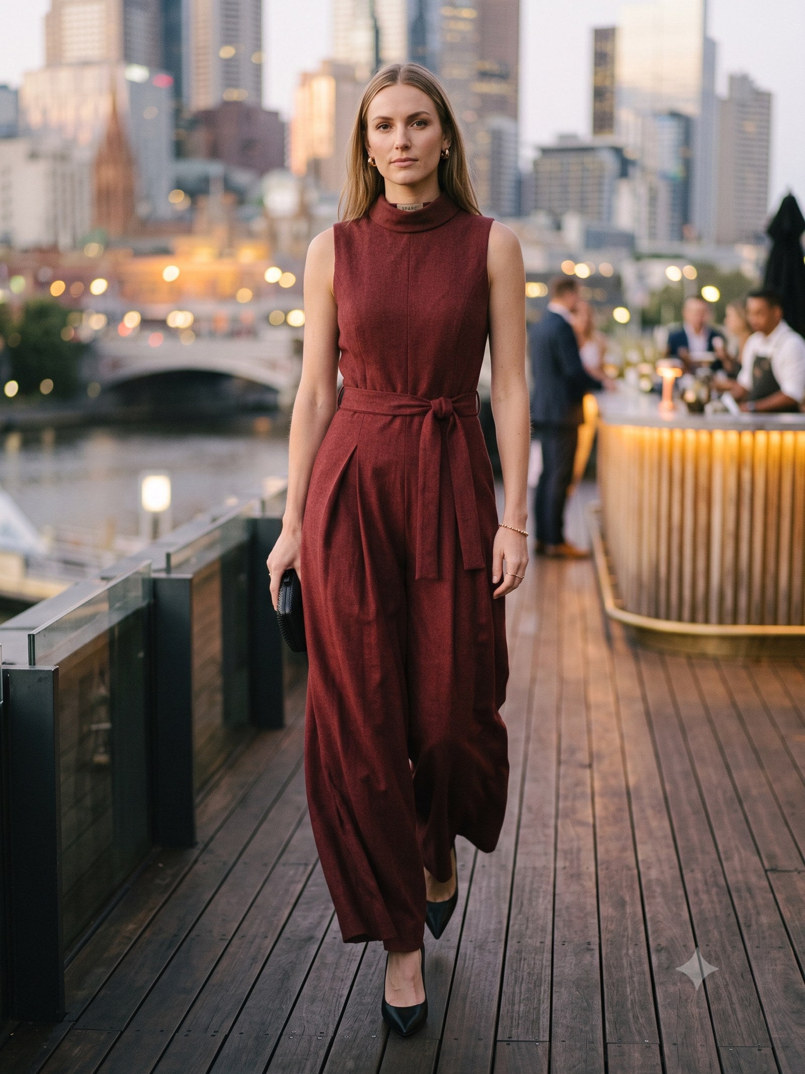Lantern Wide-Leg Jumpsuit in Garnet, in motion