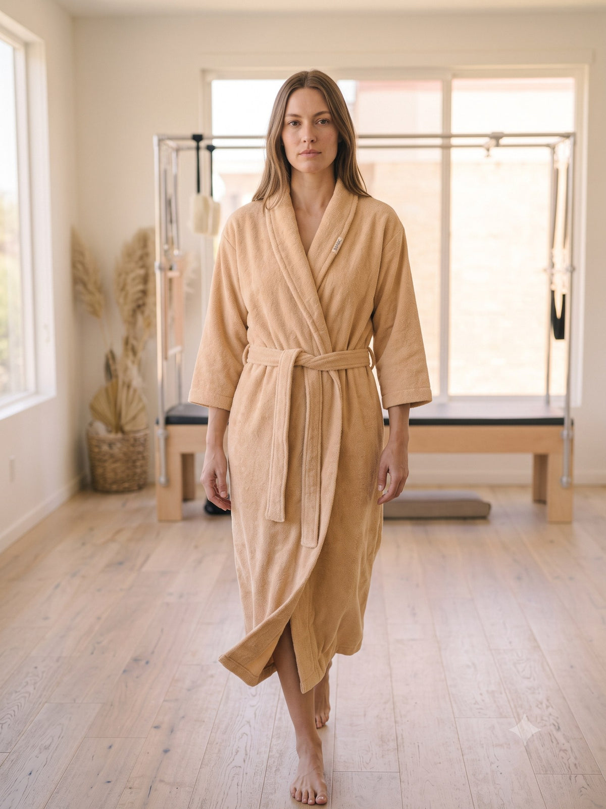 Lull Terry Wrap Robe in Sand, in motion