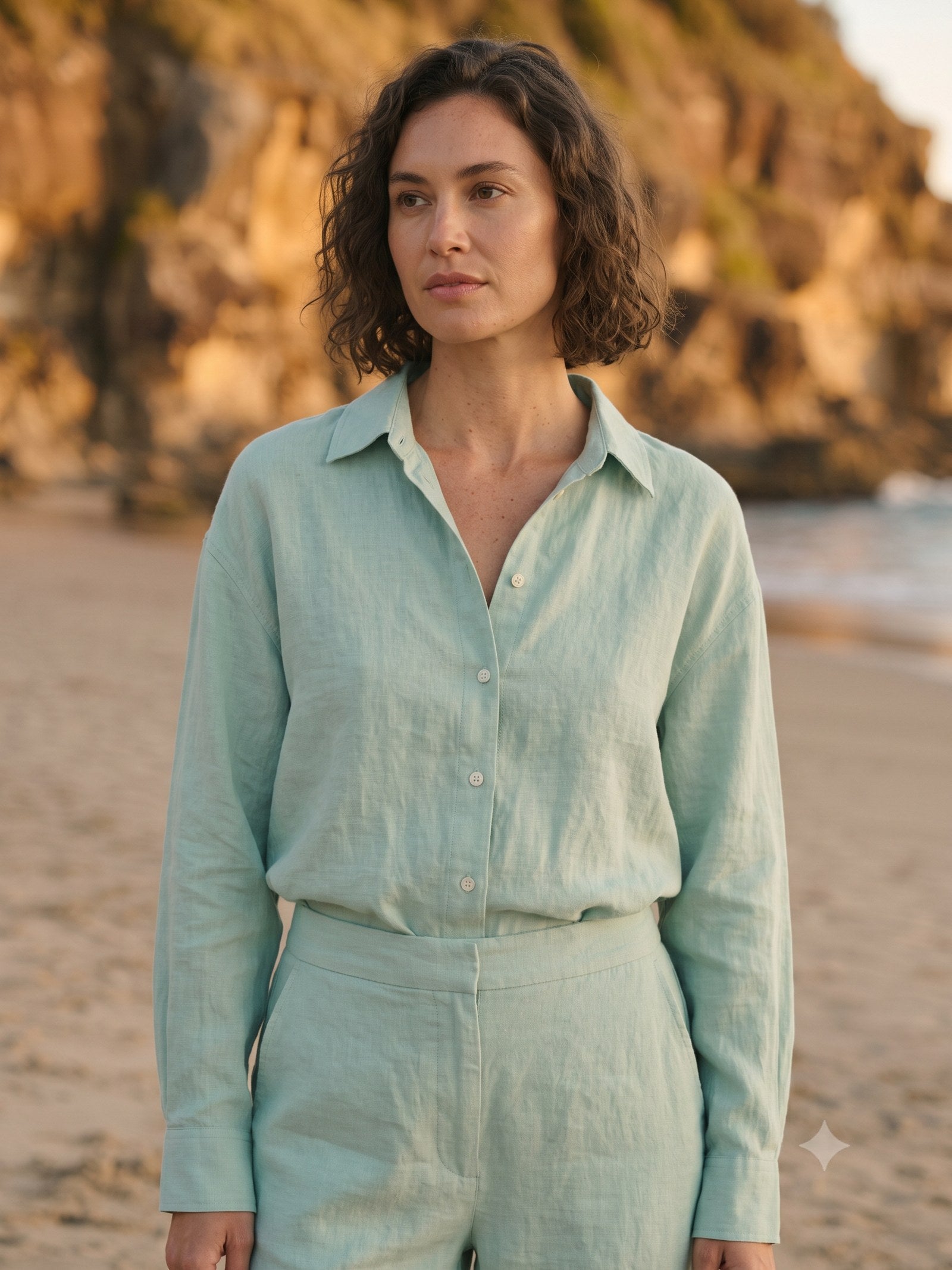 Meridian Linen Set in Seafoam, detail