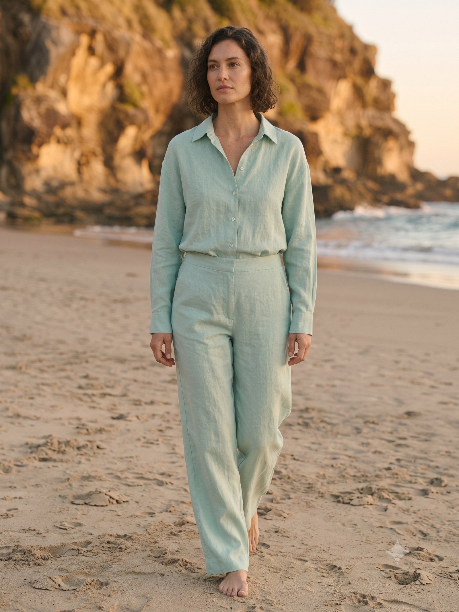 Meridian Linen Set in Seafoam, in motion