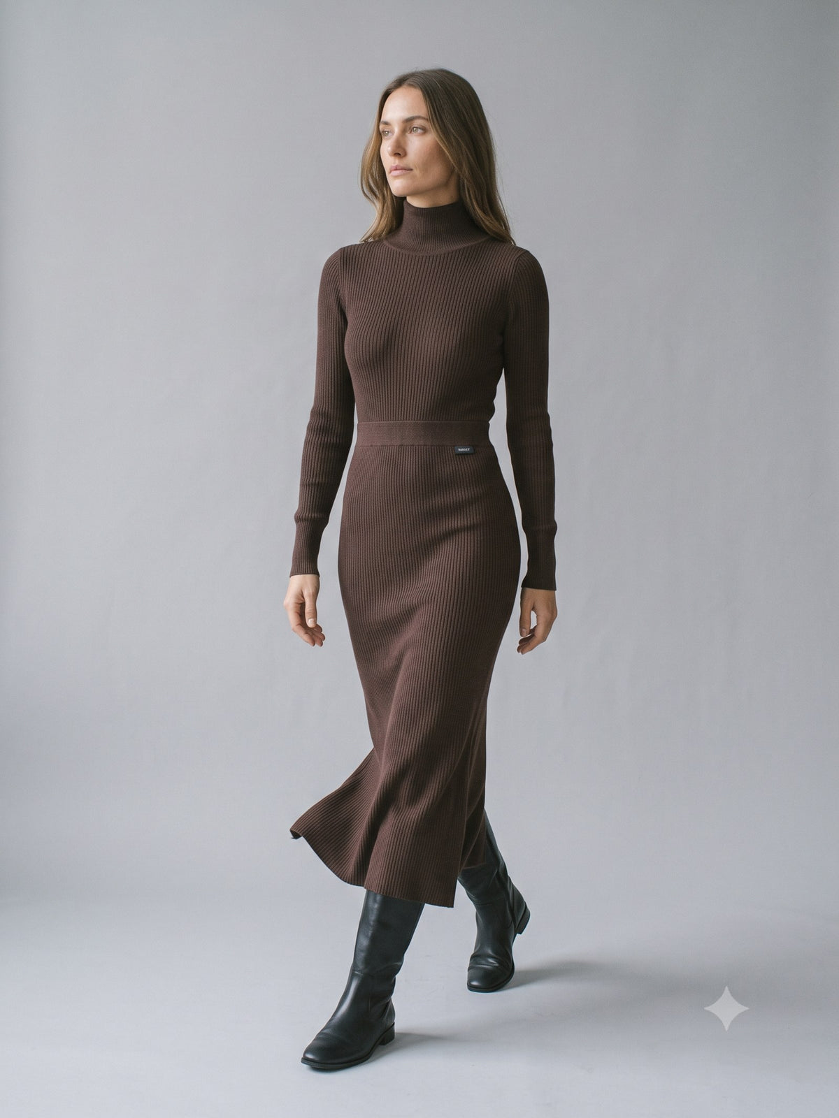 Mullion Merino Rib Knit Midi in Espresso, in motion