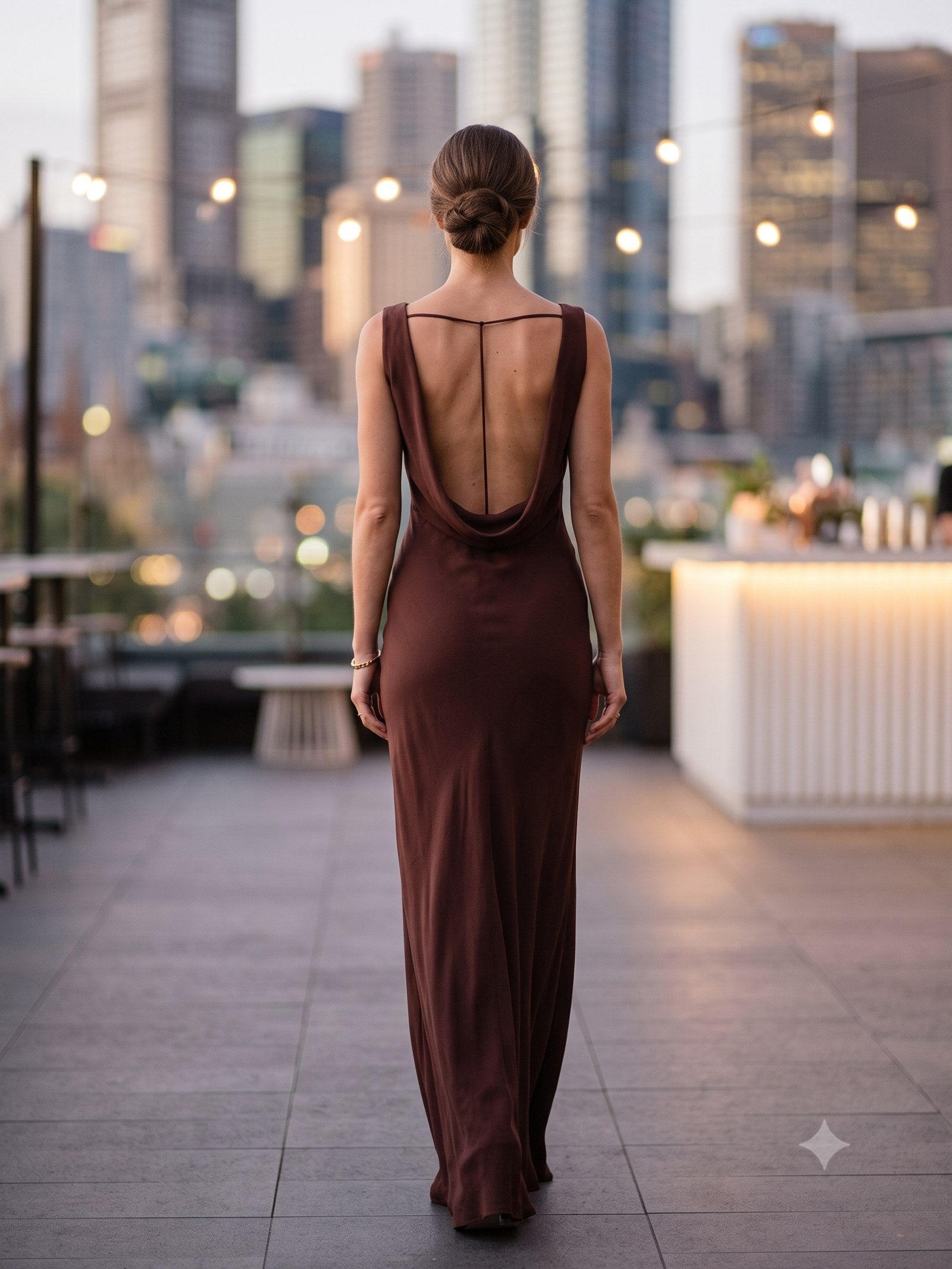 Nocturne Cowl-Back Maxi in Chocolate, back
