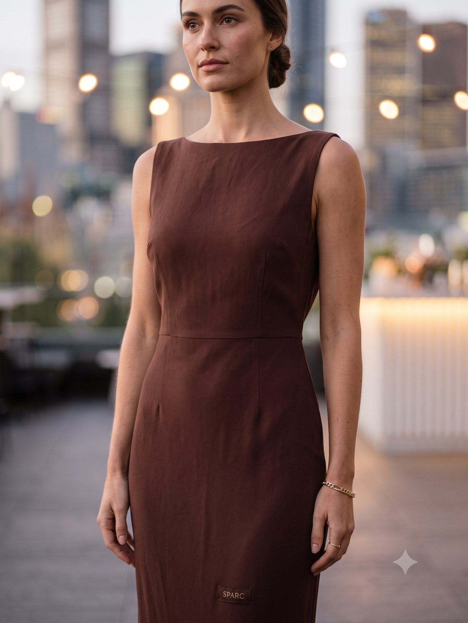 Nocturne Cowl-Back Maxi in Chocolate, detail