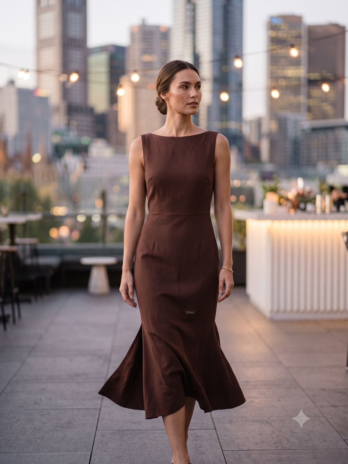 Nocturne Cowl-Back Maxi in Chocolate, in motion