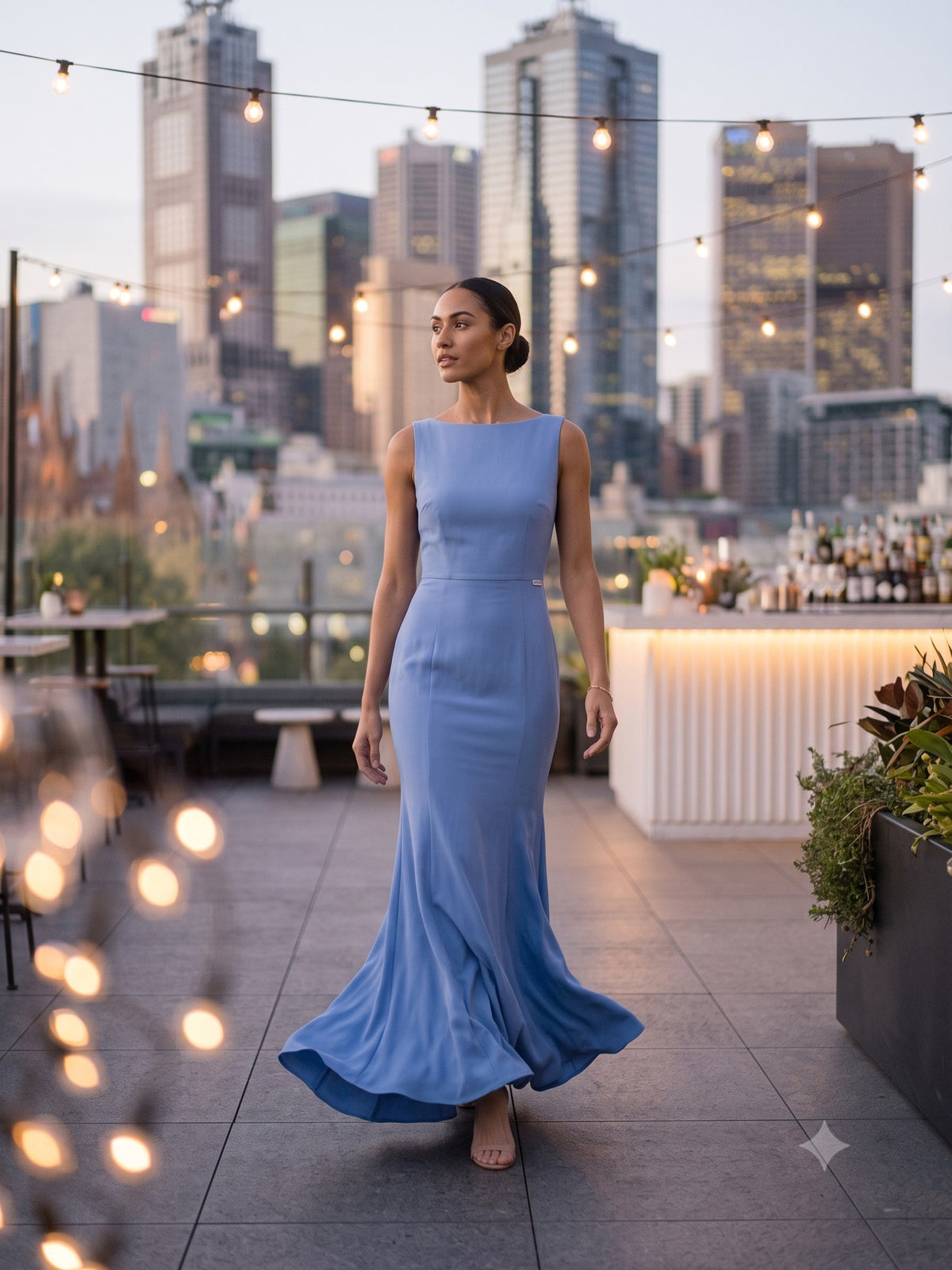 Nocturne Cowl-Back Maxi in Cornflower, in motion