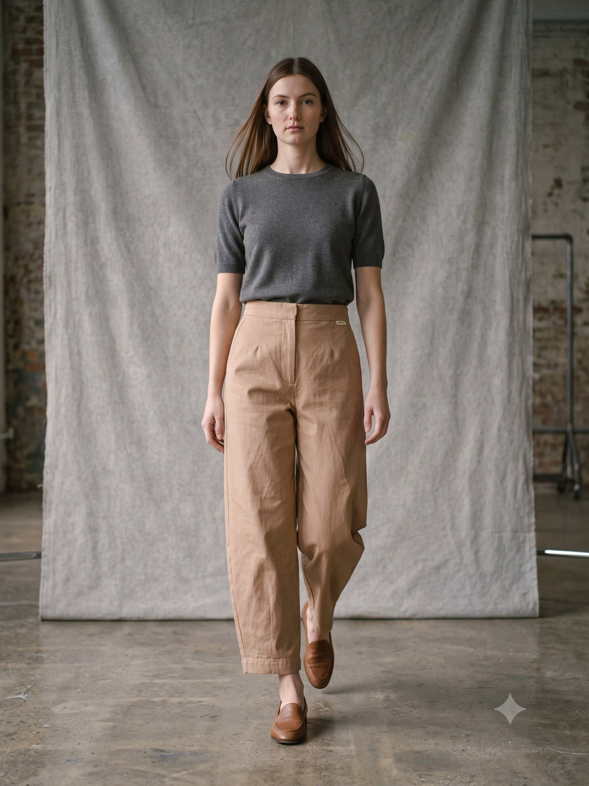 Pivot Cotton Barrel Pant in Stone, in motion