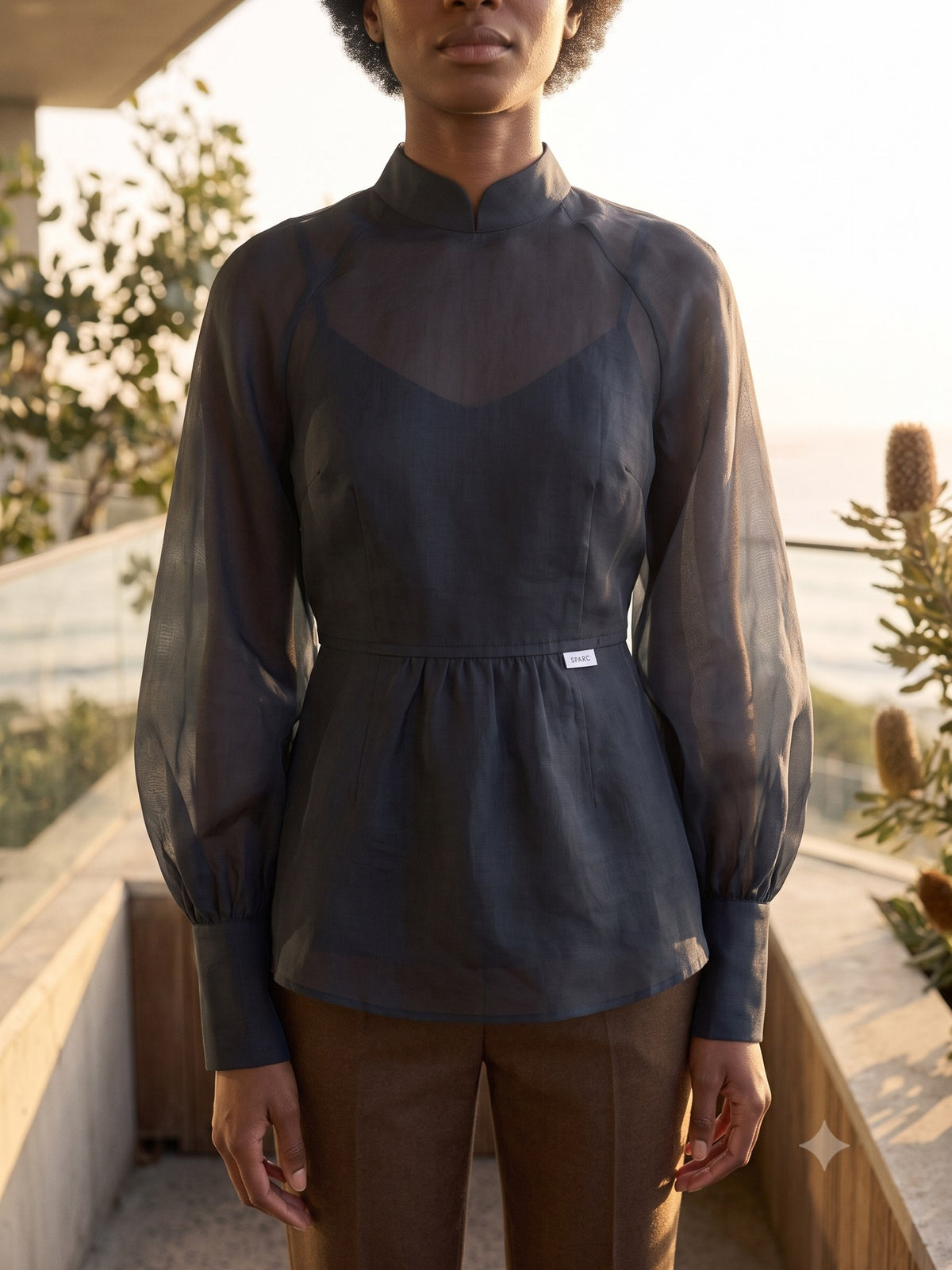 Radiance Silk Organza Blouse in Ink, detail
