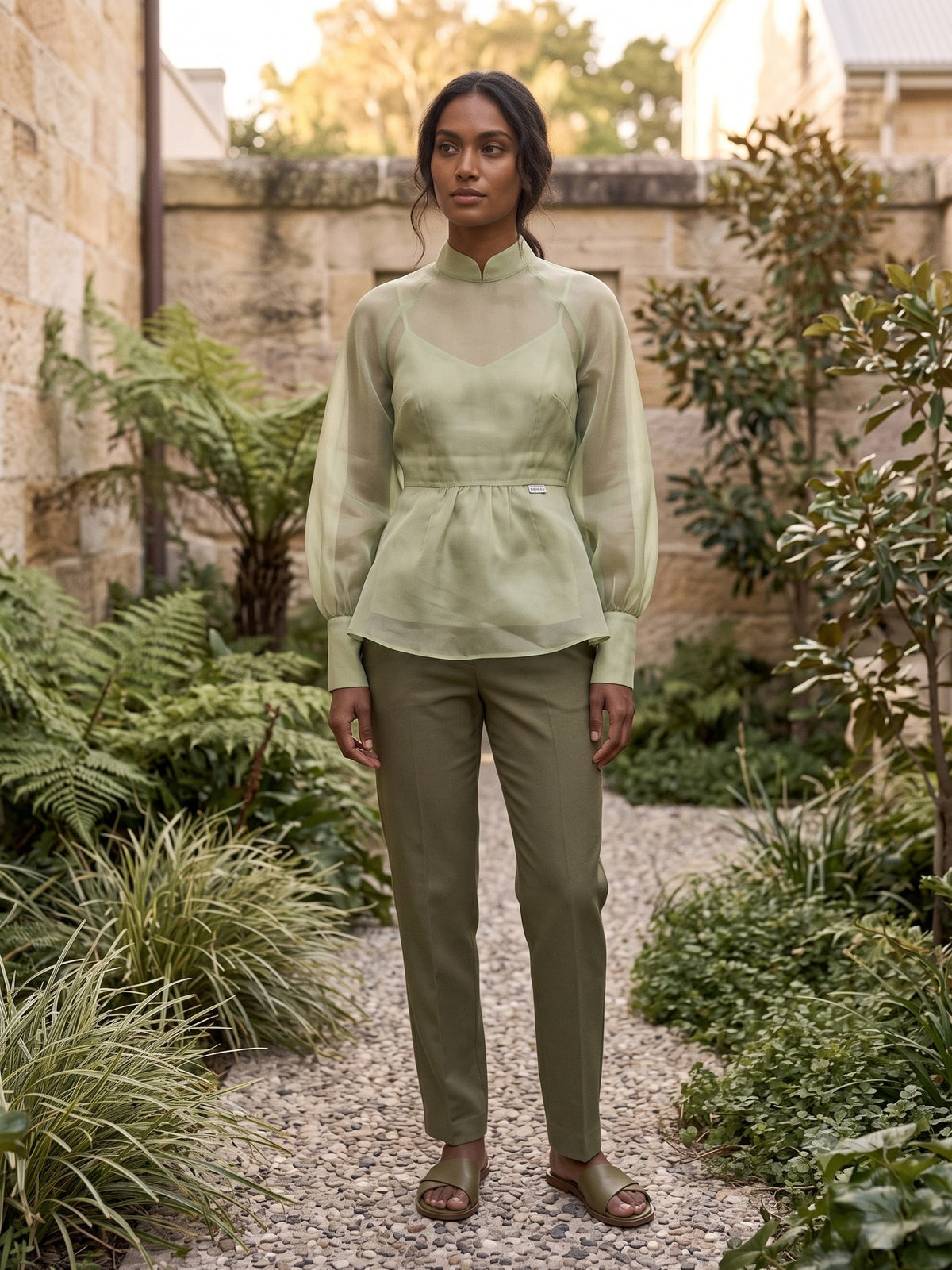 Radiance Silk Organza Blouse in Pistachio, front