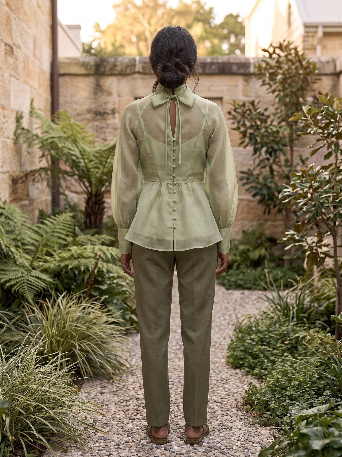 Radiance Silk Organza Blouse in Pistachio, back