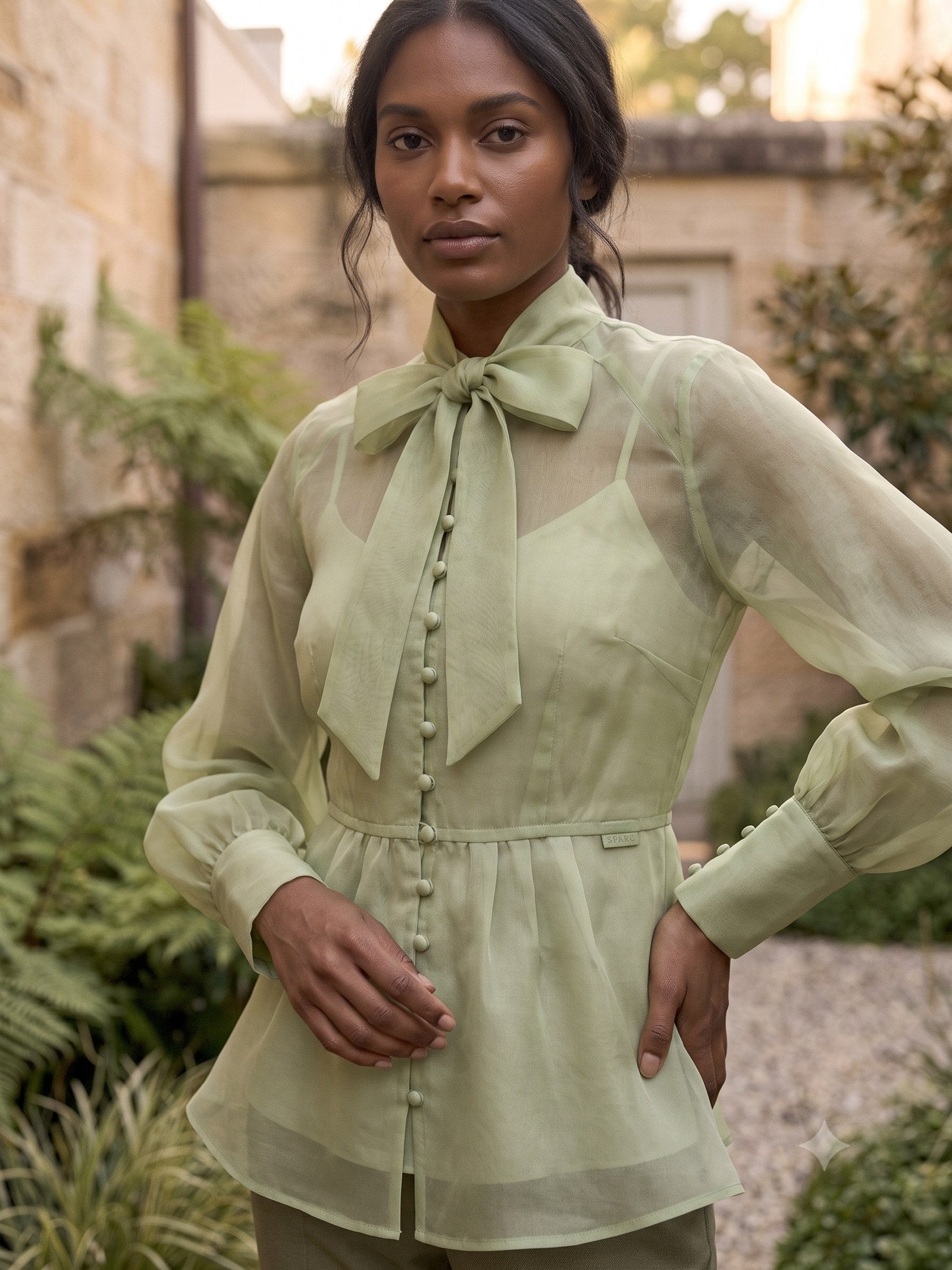 Radiance Silk Organza Blouse in Pistachio, detail