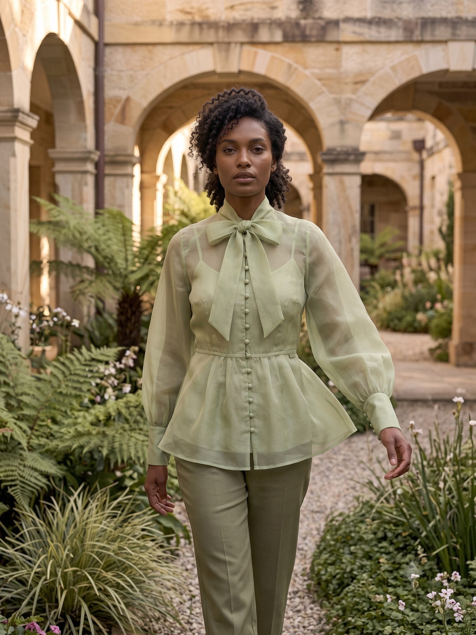 Radiance Silk Organza Blouse in Pistachio, in motion