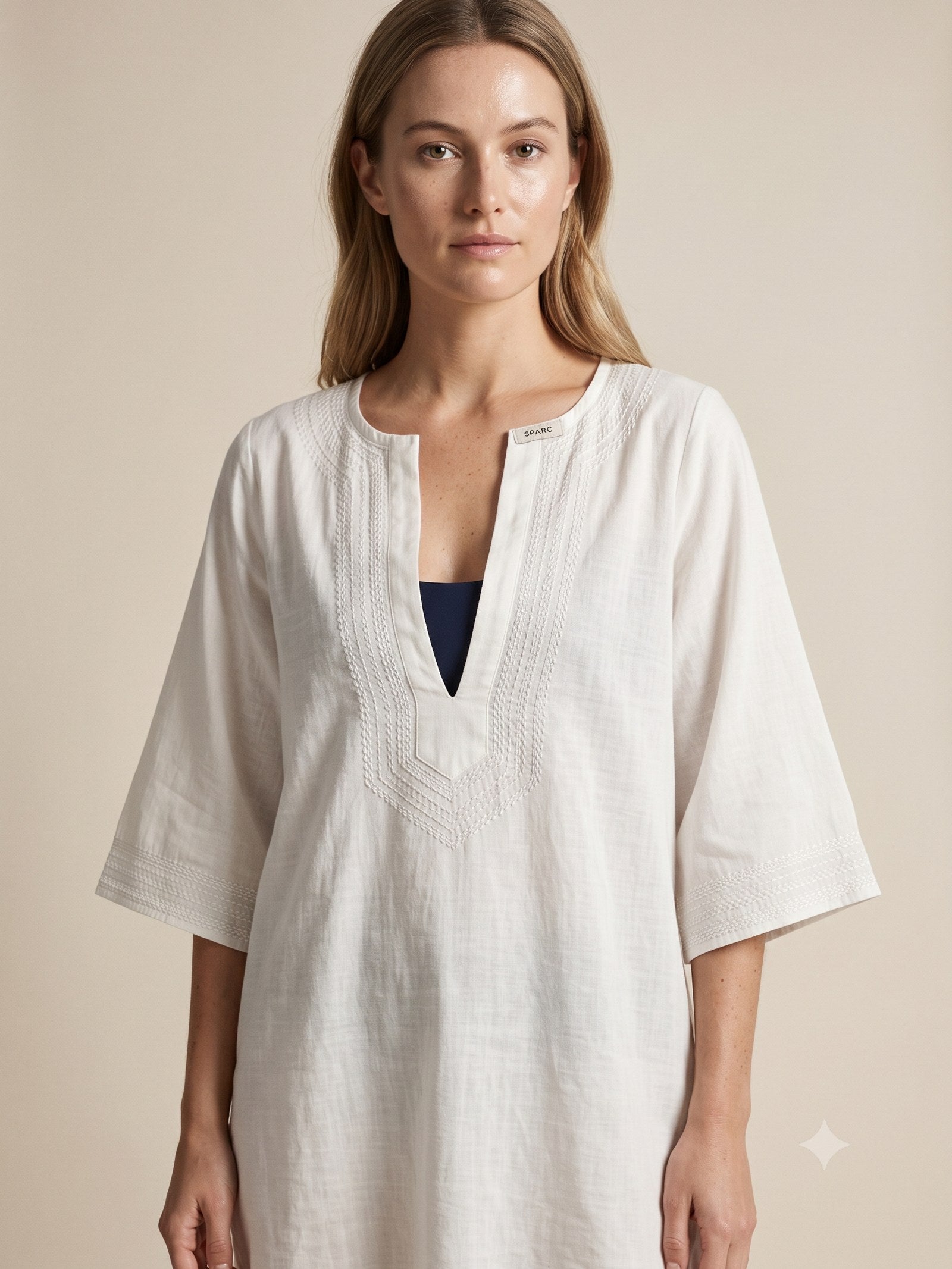 Reef Embroidered Cotton Kaftan in Chalk, detail
