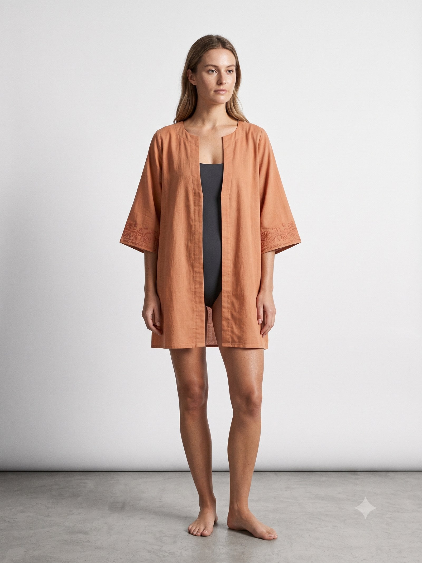 Reef Embroidered Cotton Kaftan in Clay, front
