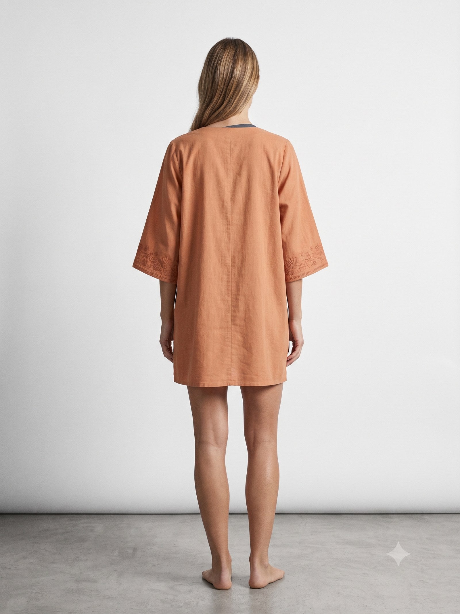 Reef Embroidered Cotton Kaftan in Clay, back