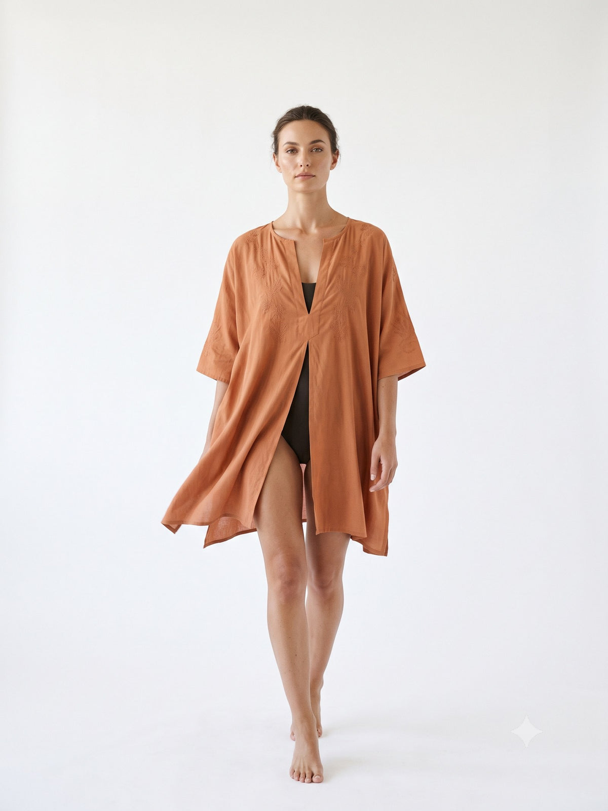 Reef Embroidered Cotton Kaftan in Clay, in motion