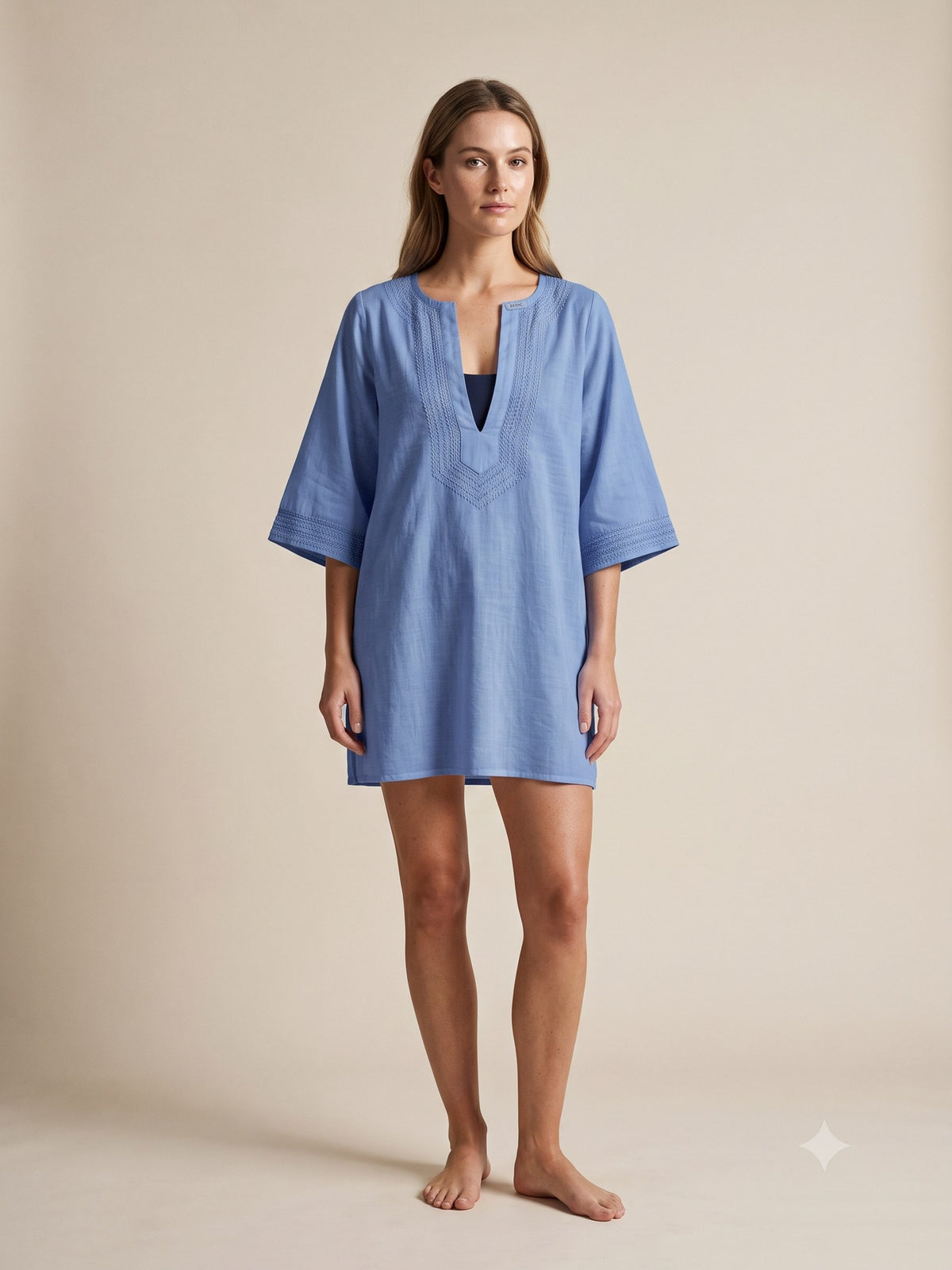Reef Embroidered Cotton Kaftan in Cornflower, front