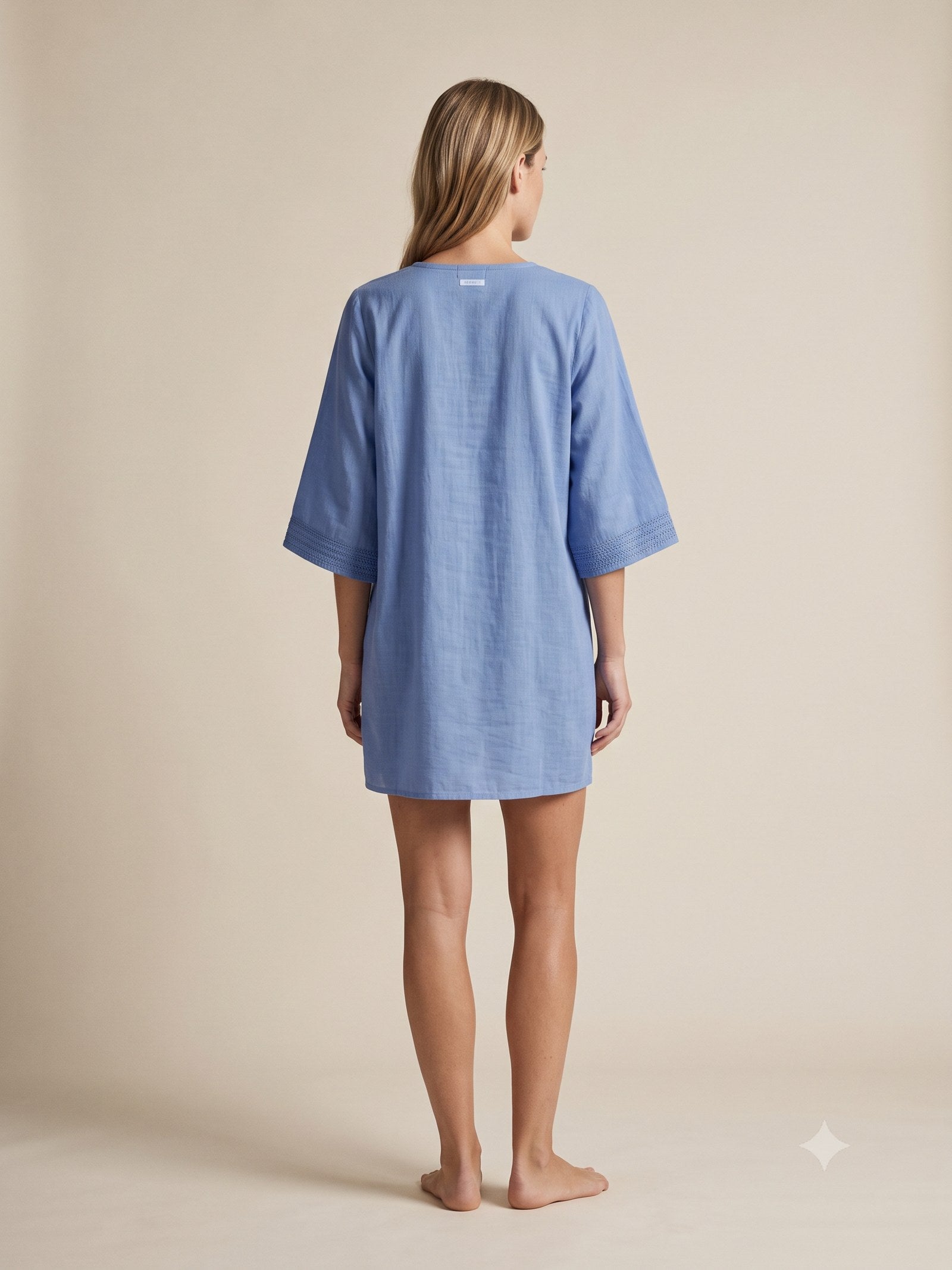 Reef Embroidered Cotton Kaftan in Cornflower, back