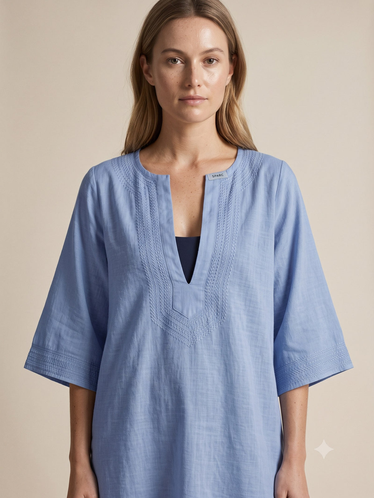 Reef Embroidered Cotton Kaftan in Cornflower, detail