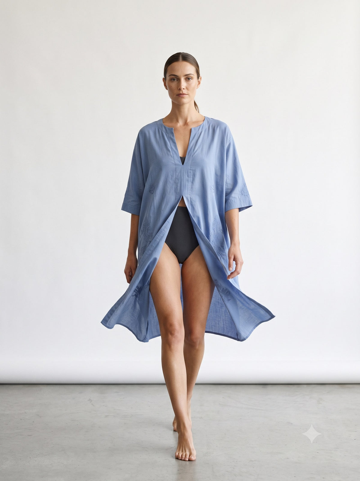 Reef Embroidered Cotton Kaftan in Cornflower, in motion