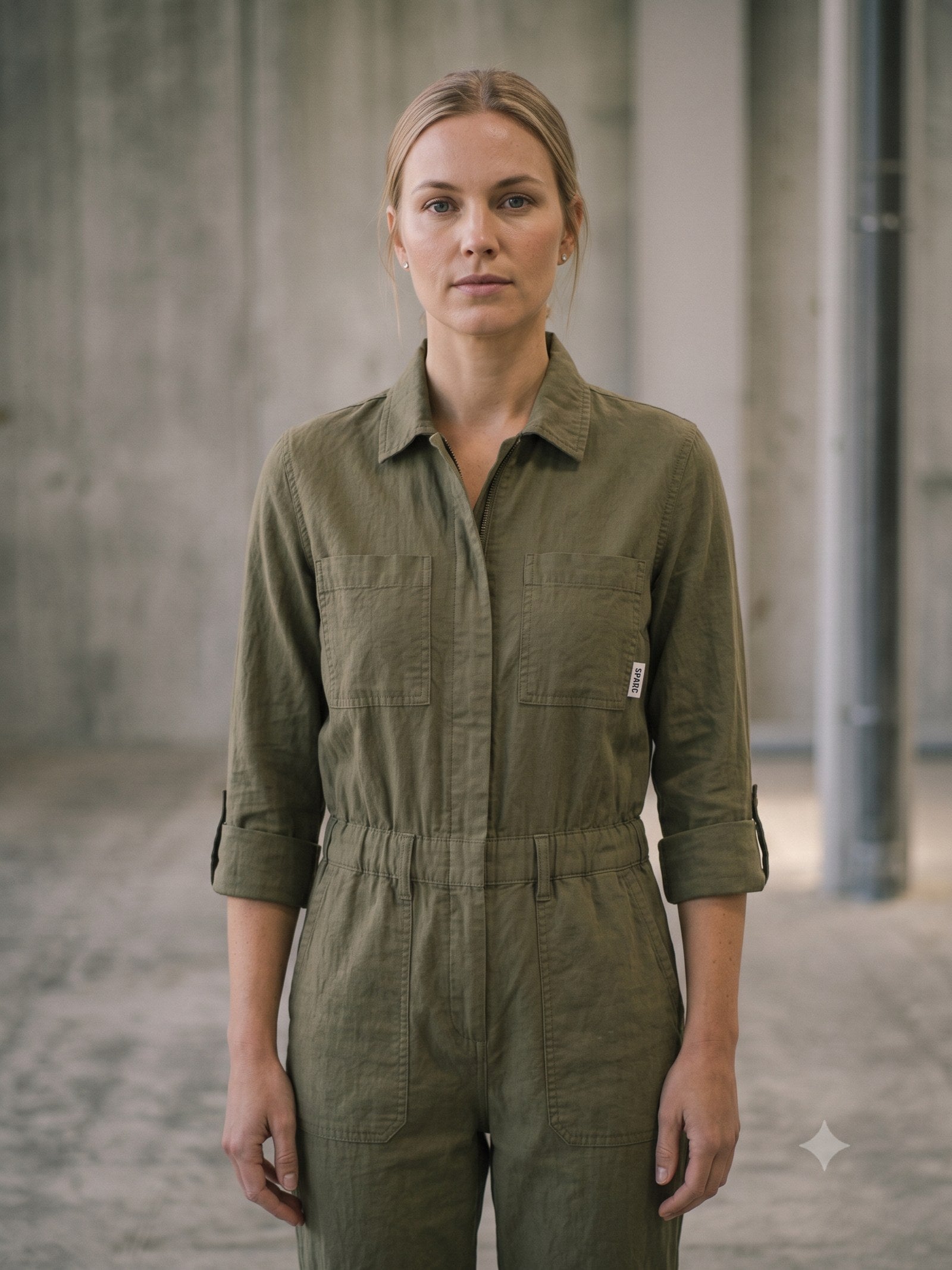 Rig Utility Jumpsuit in Olive, detail