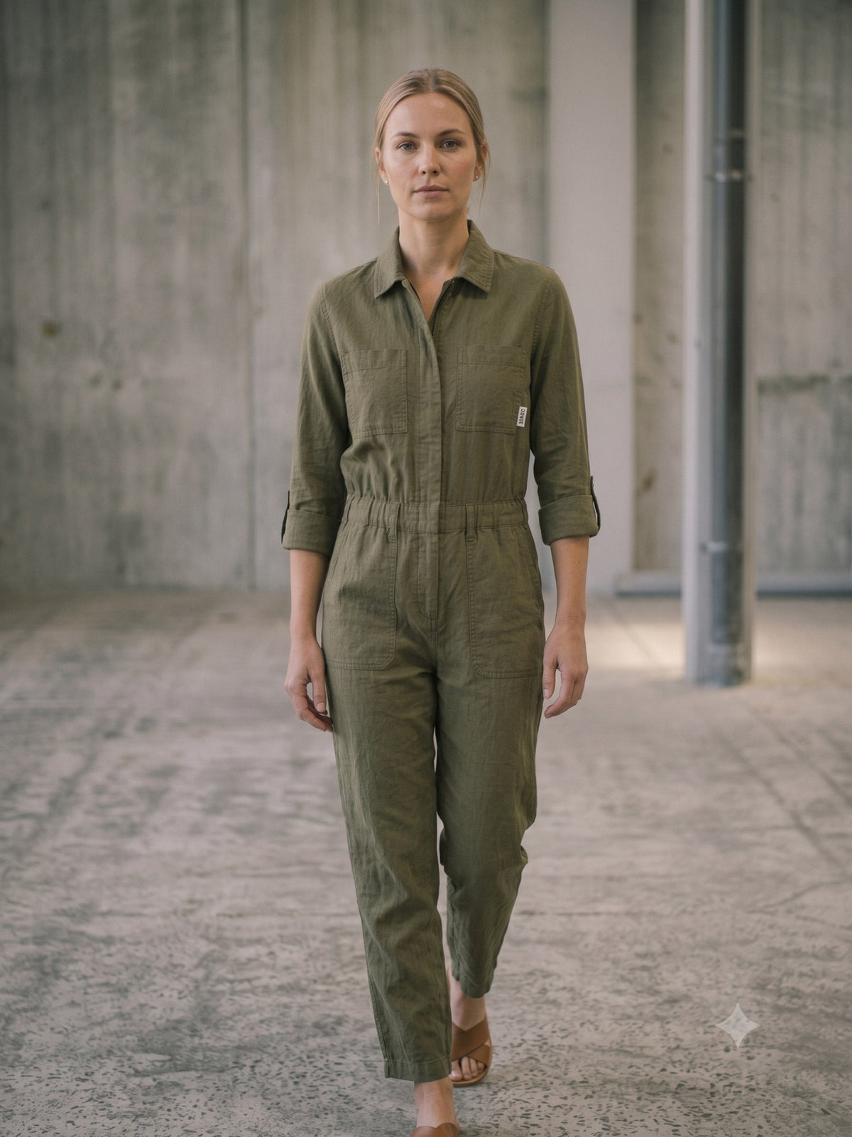 Rig Utility Jumpsuit in Olive, in motion