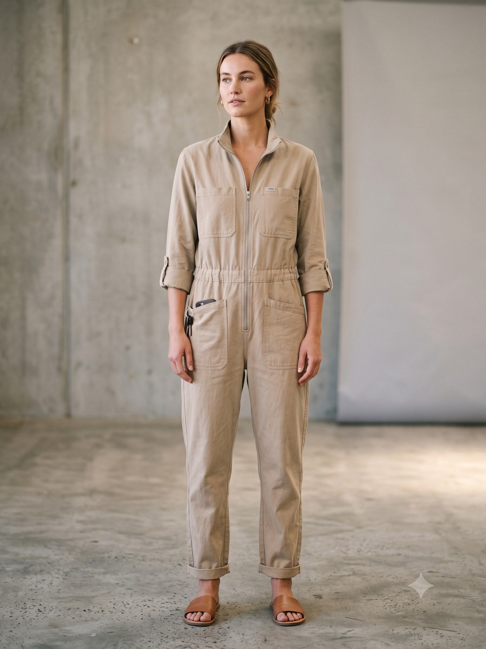 Rig Utility Jumpsuit in Stone, front