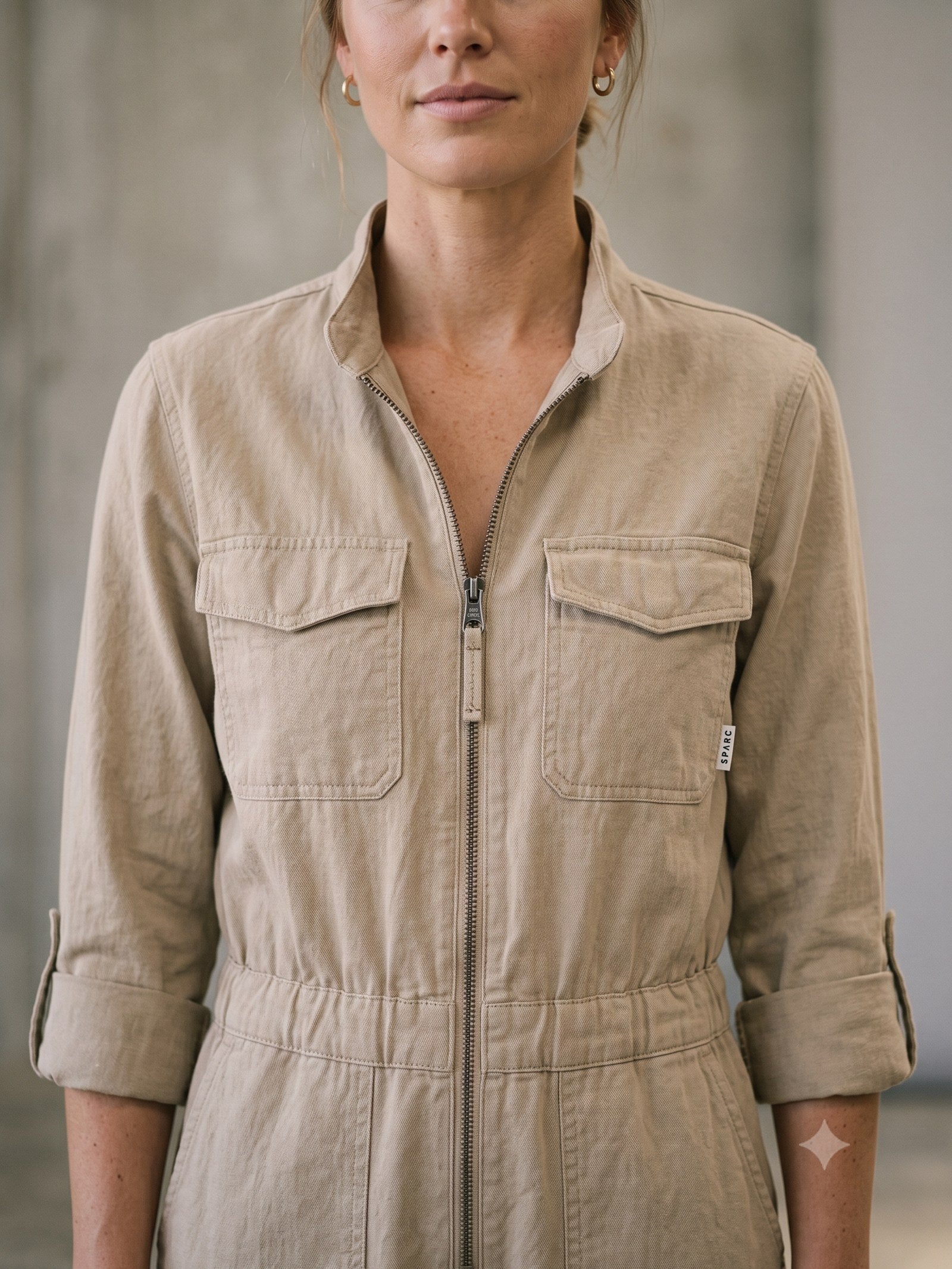 Rig Utility Jumpsuit in Stone, detail