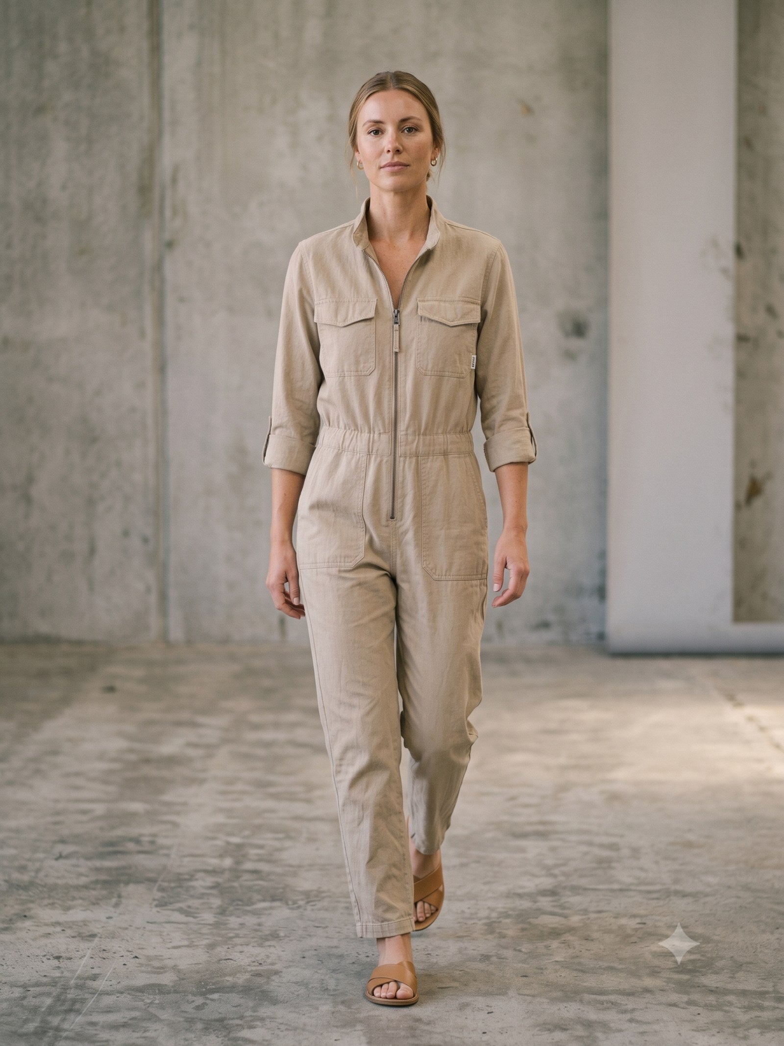 Rig Utility Jumpsuit in Stone, in motion