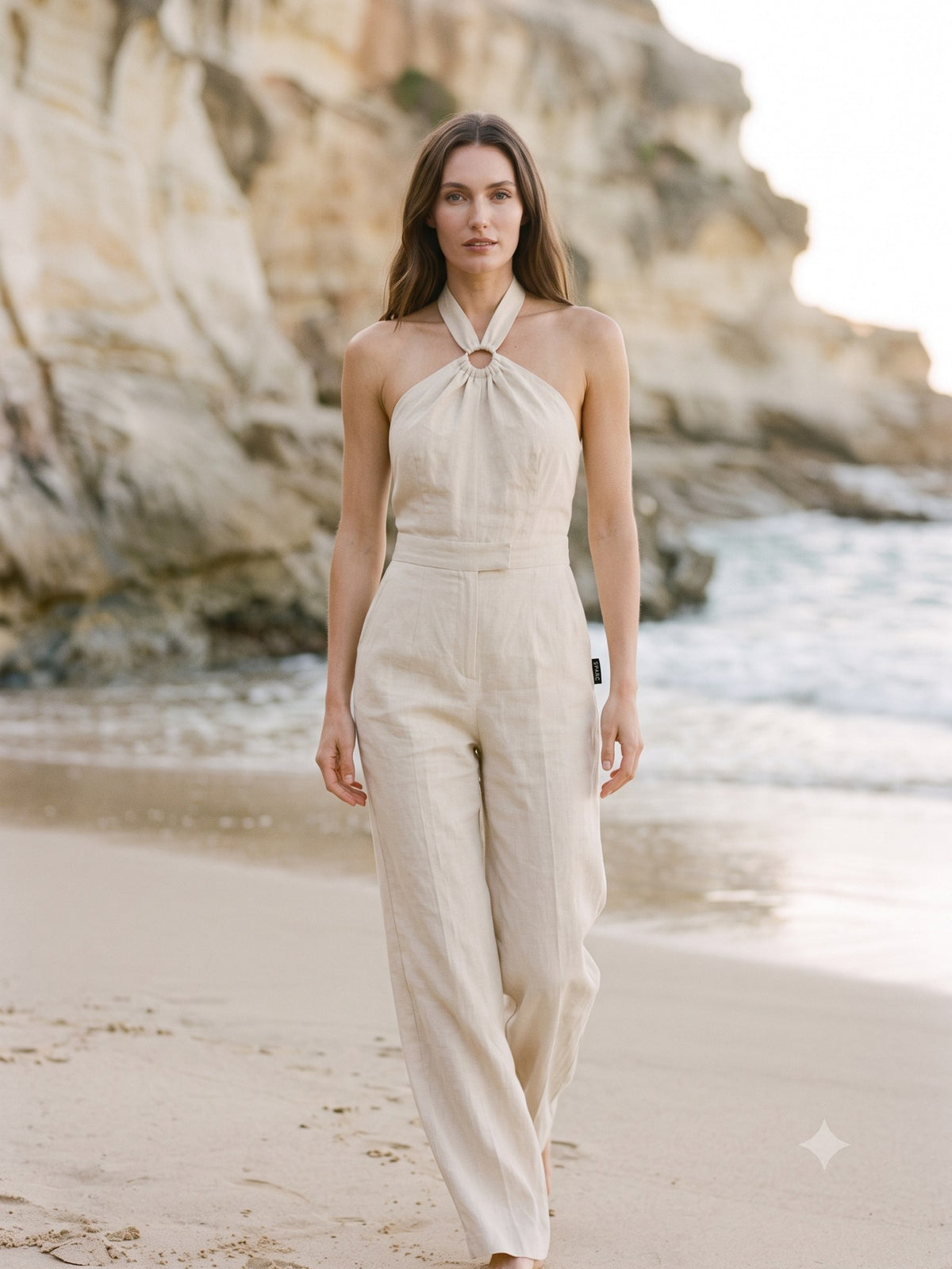 Salt Linen Playsuit in Bone, in motion