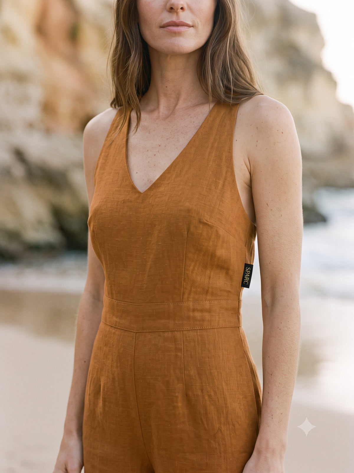 Salt Linen Playsuit in Olive, detail