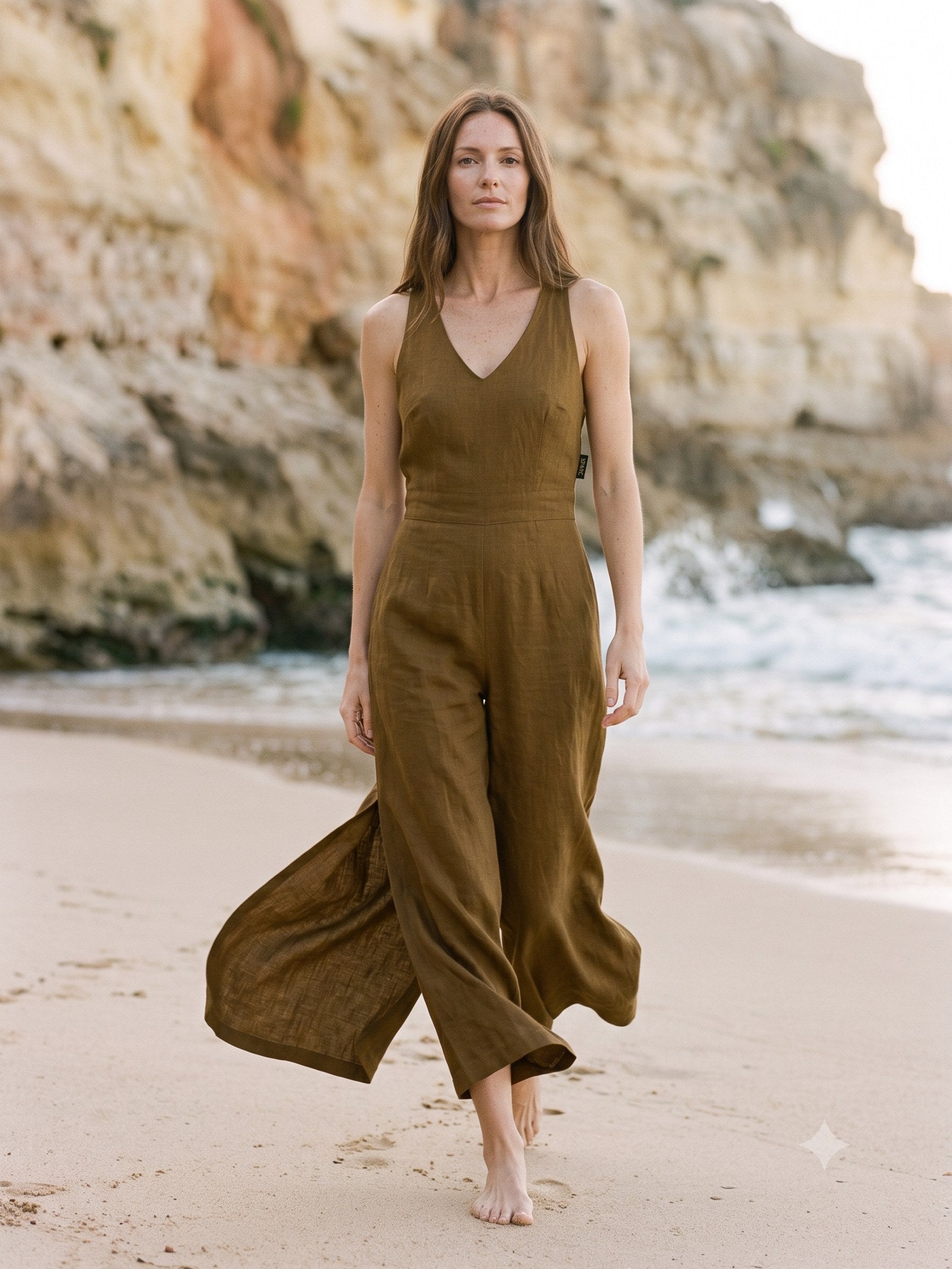 Salt Linen Playsuit in Olive, in motion