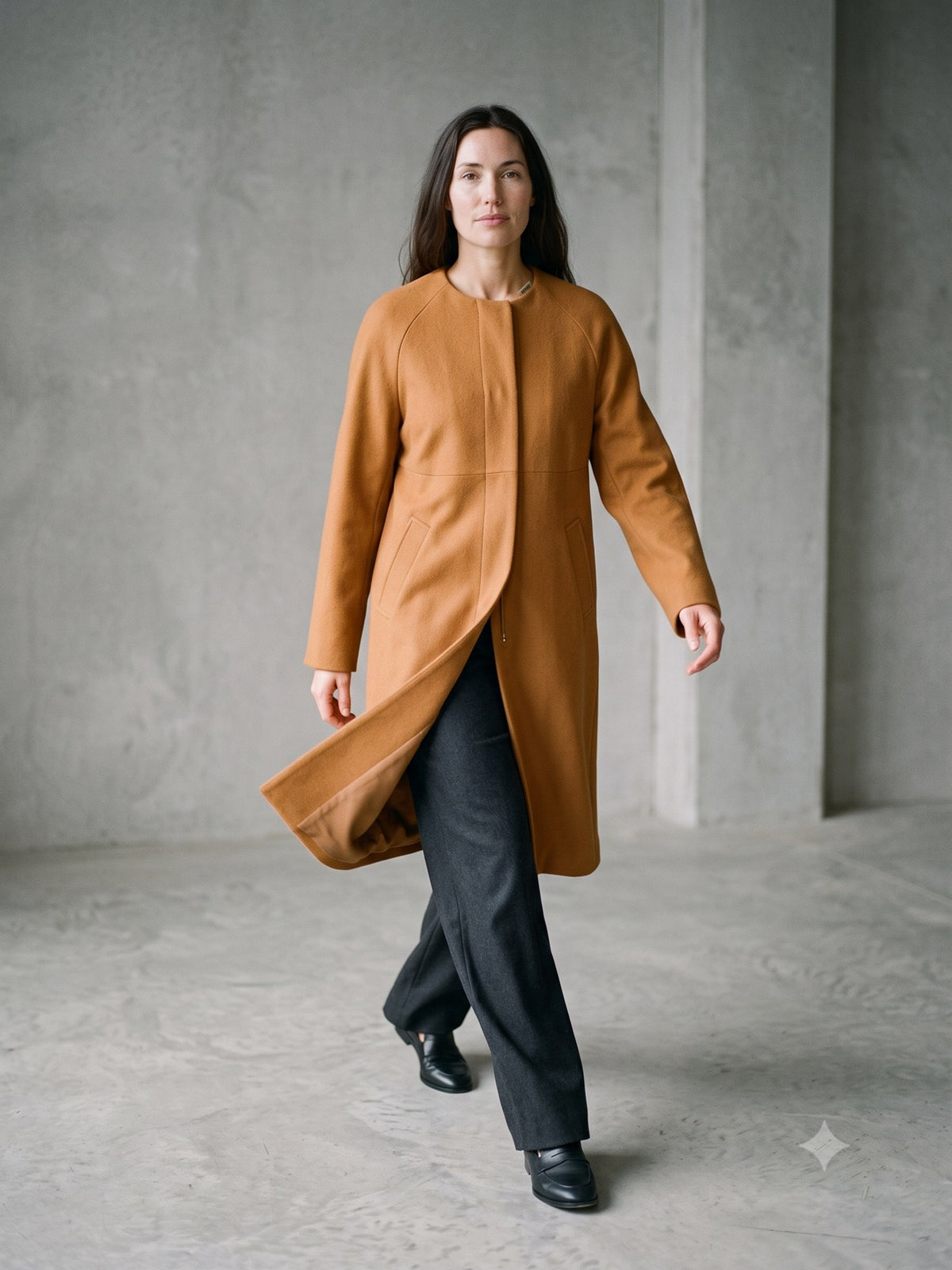 Shelter Wool Car Coat in Butterscotch, in motion