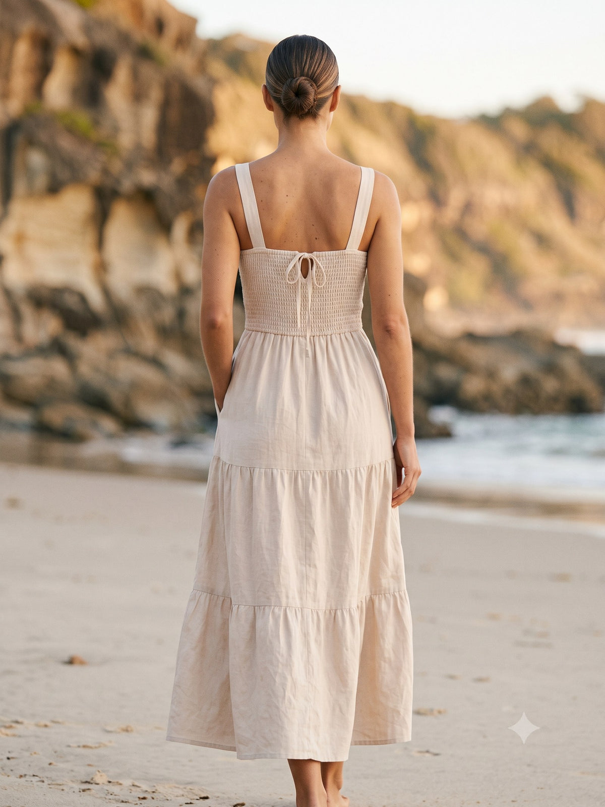 Shoreline Shirred Linen Maxi in Cloud, back