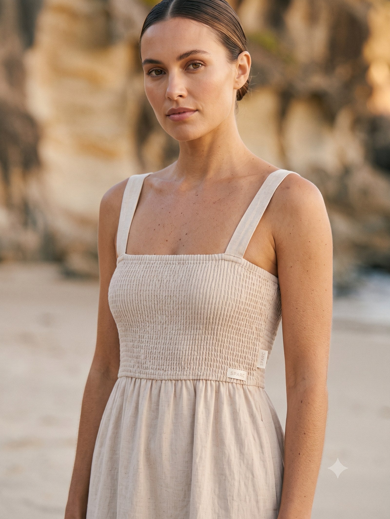 Shoreline Shirred Linen Maxi in Cloud, detail