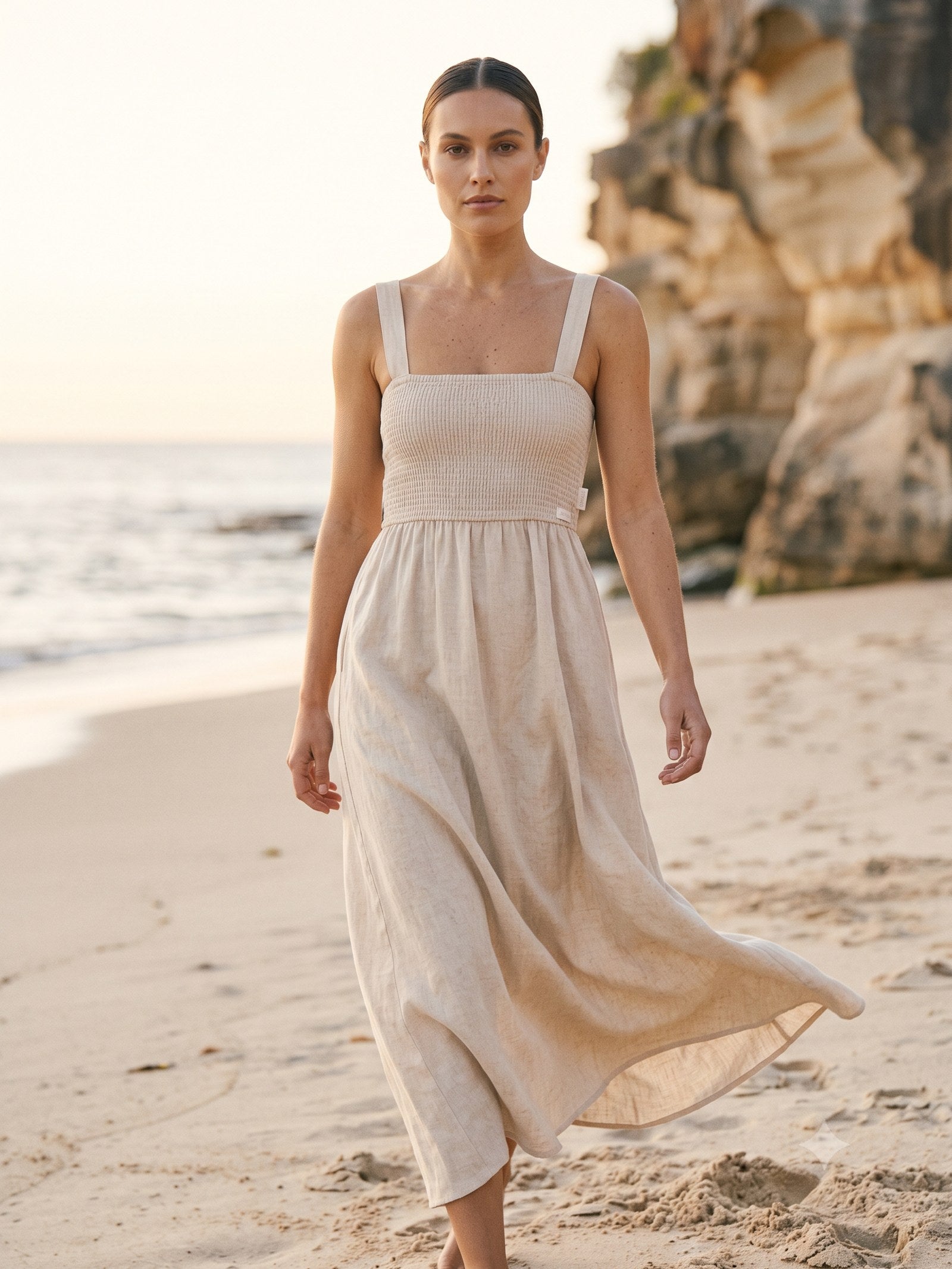 Shoreline Shirred Linen Maxi in Cloud, in motion