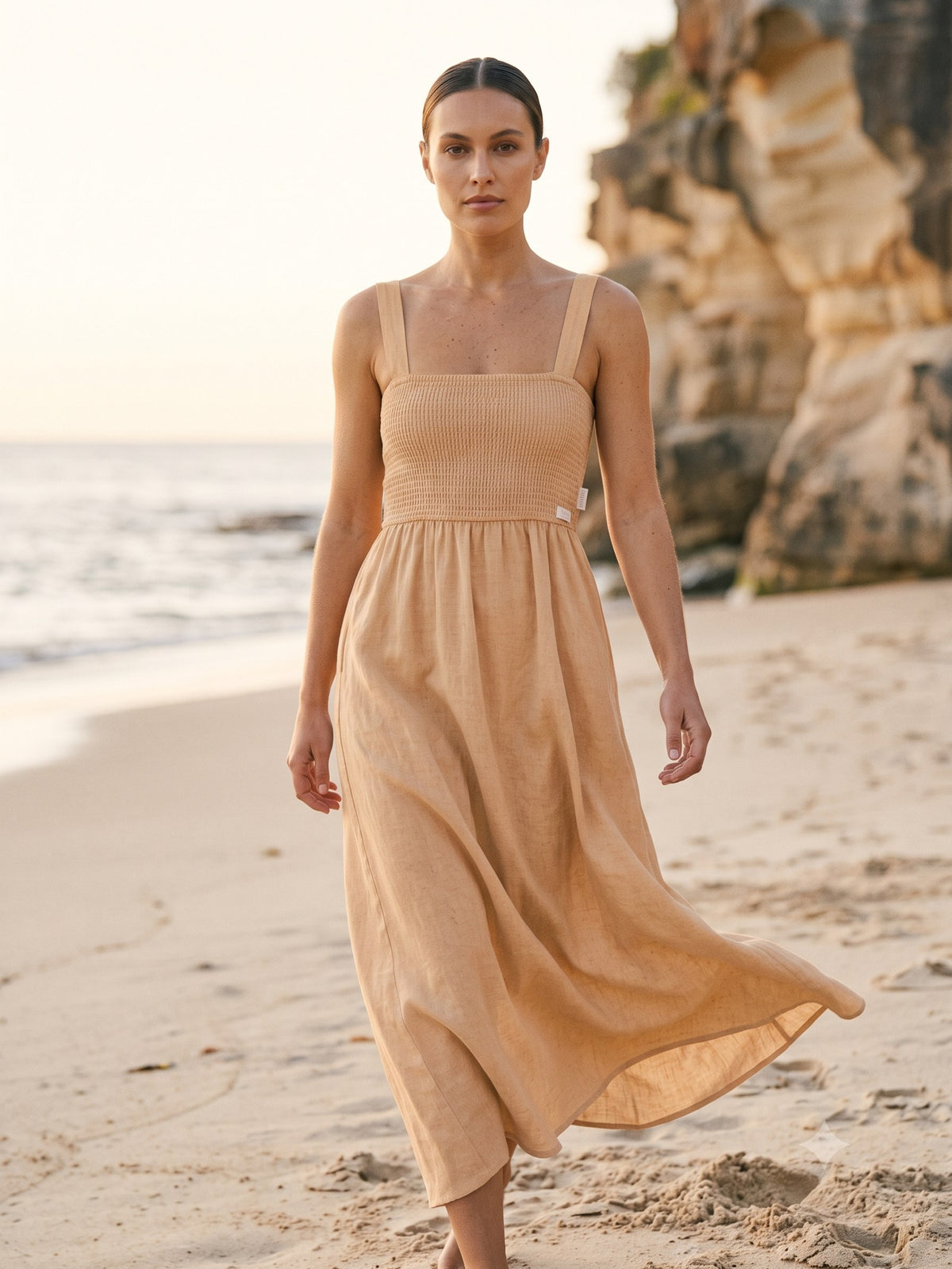 Shoreline Shirred Linen Maxi in Sand, front