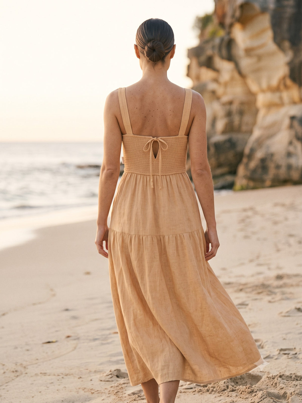 Shoreline Shirred Linen Maxi in Sand, back