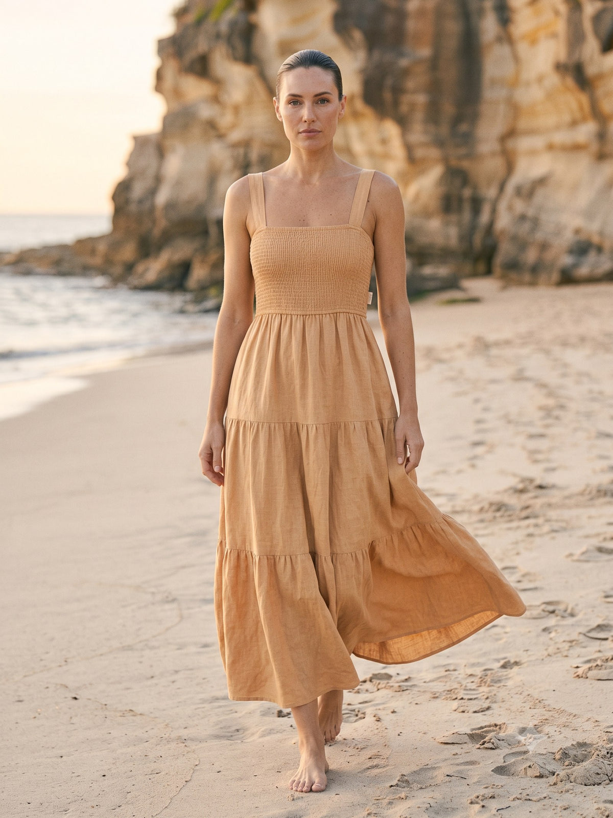 Shoreline Shirred Linen Maxi in Sand, in motion