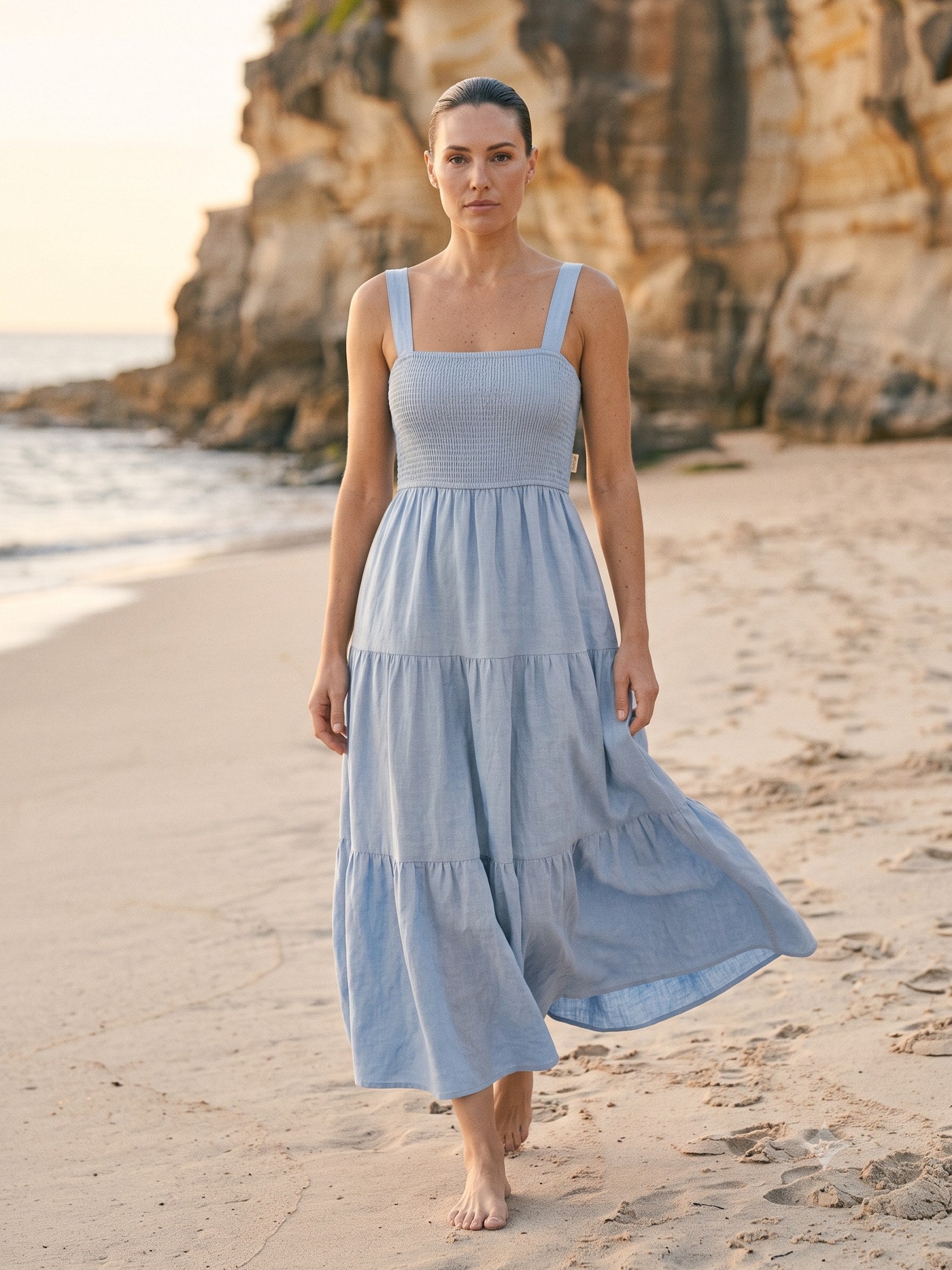Shoreline Shirred Linen Maxi in Sky, front