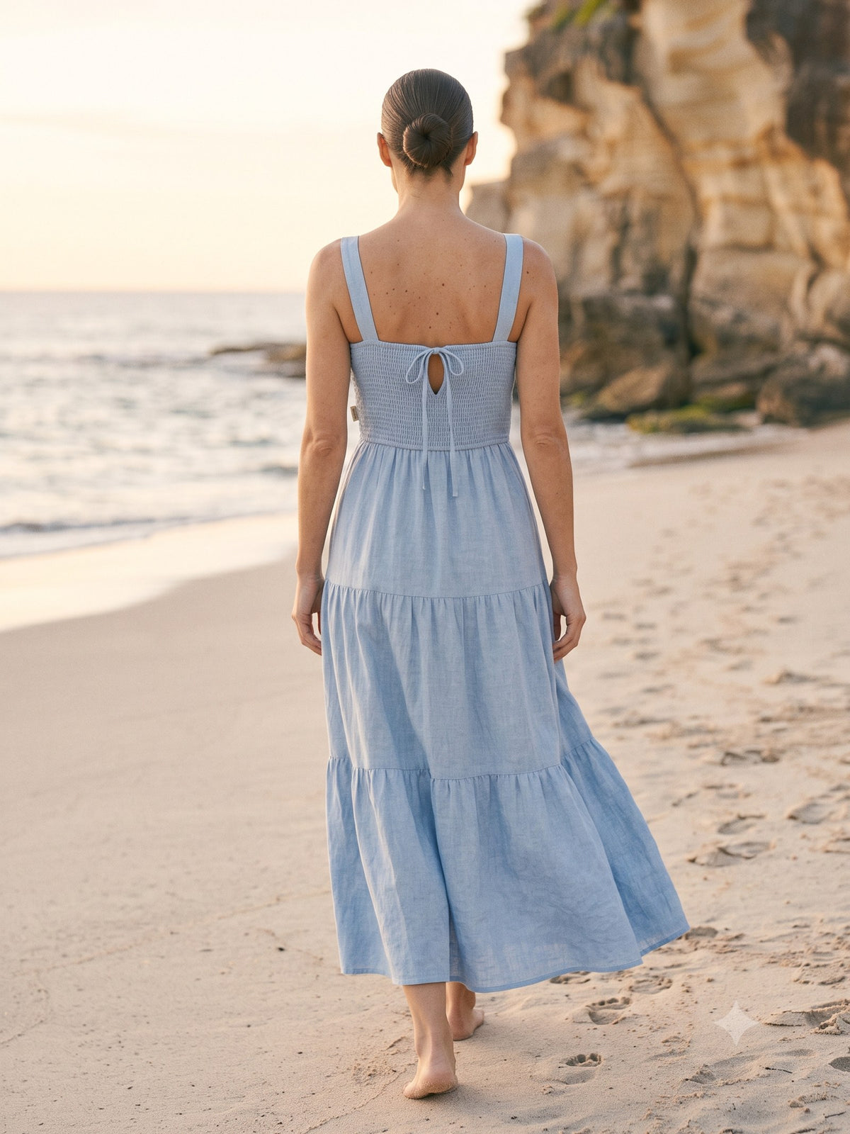 Shoreline Shirred Linen Maxi in Sky, back