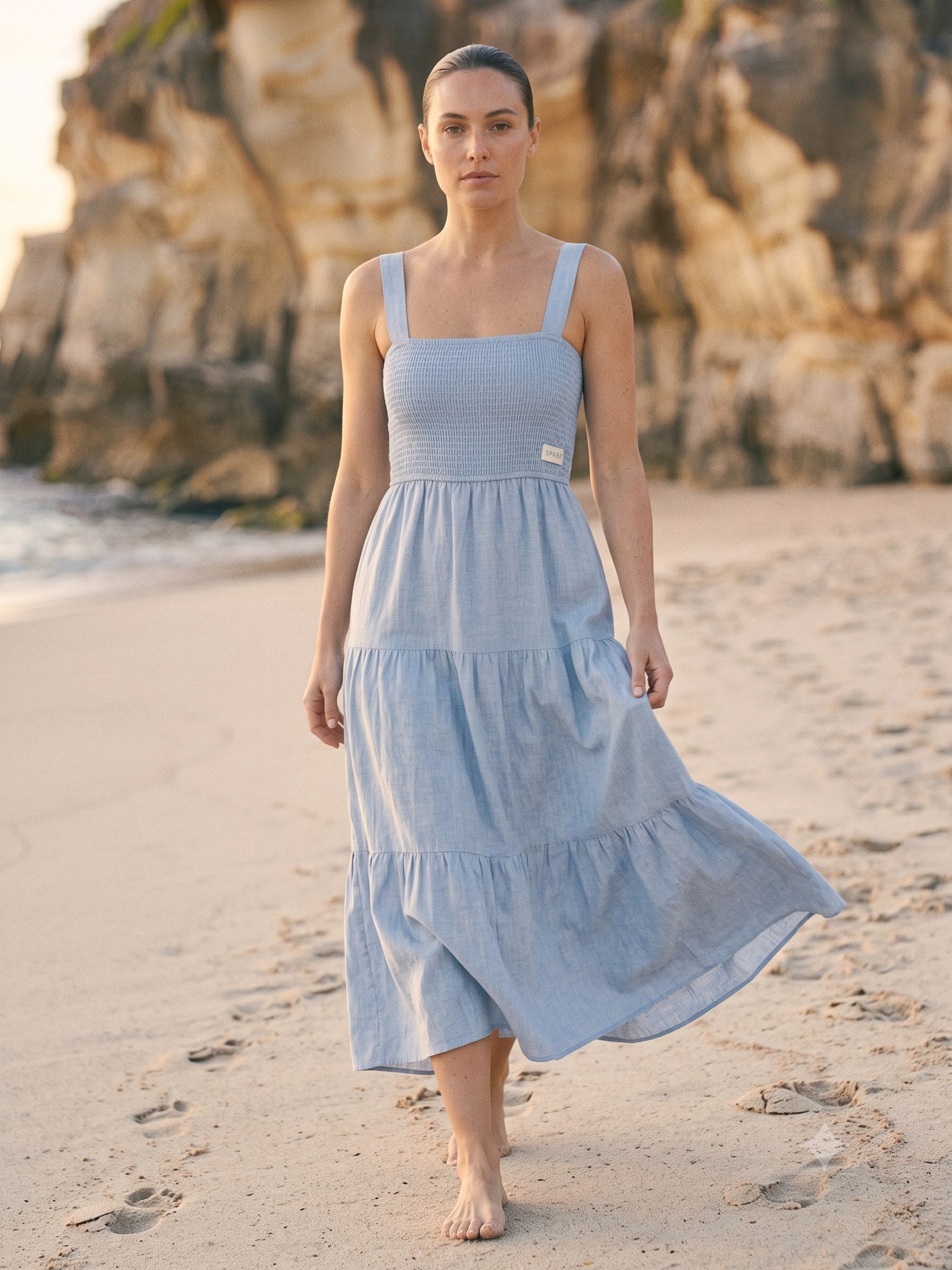 Shoreline Shirred Linen Maxi in Sky, in motion
