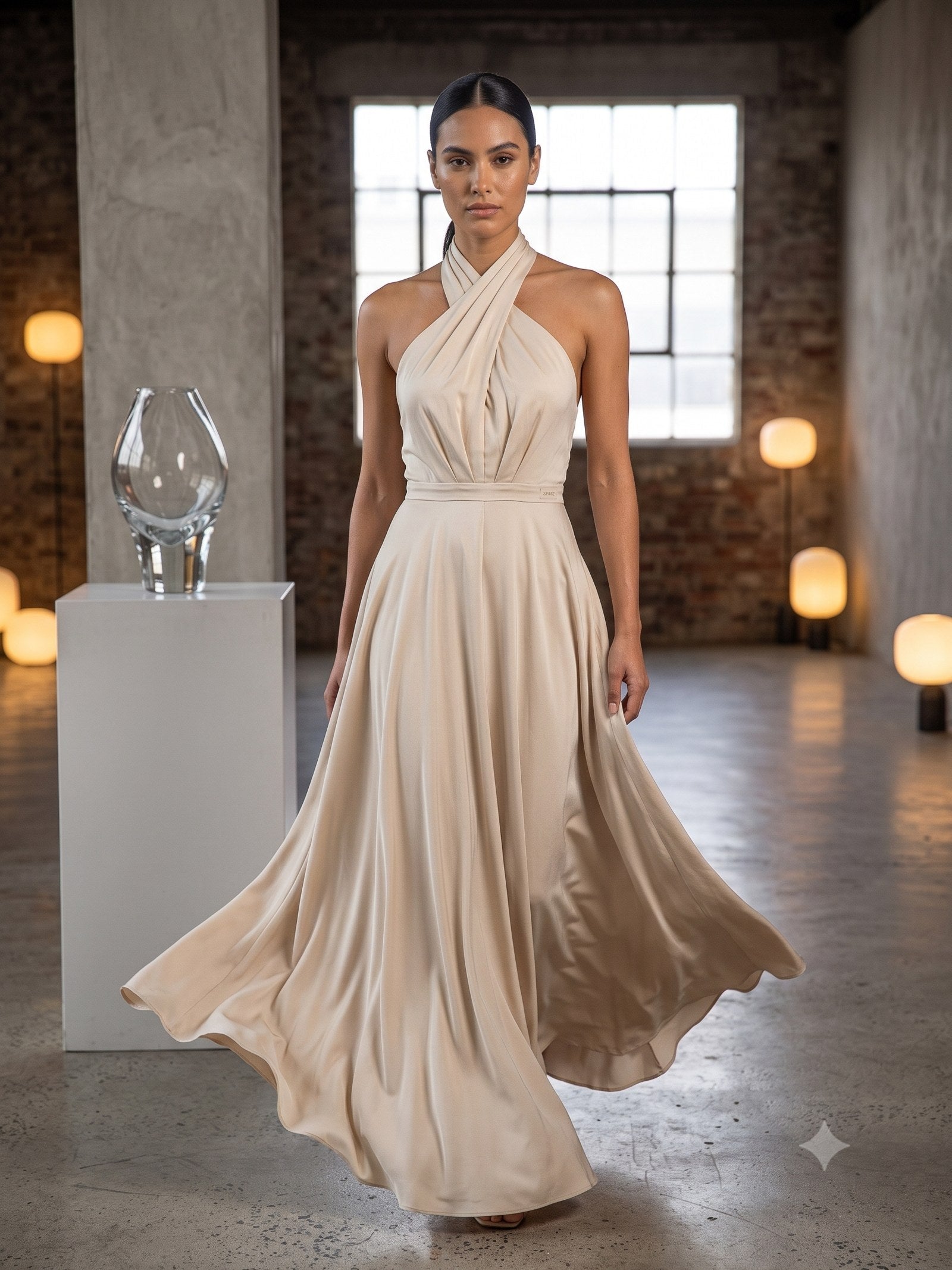 Solstice Silk Halter Maxi in Bone, in motion