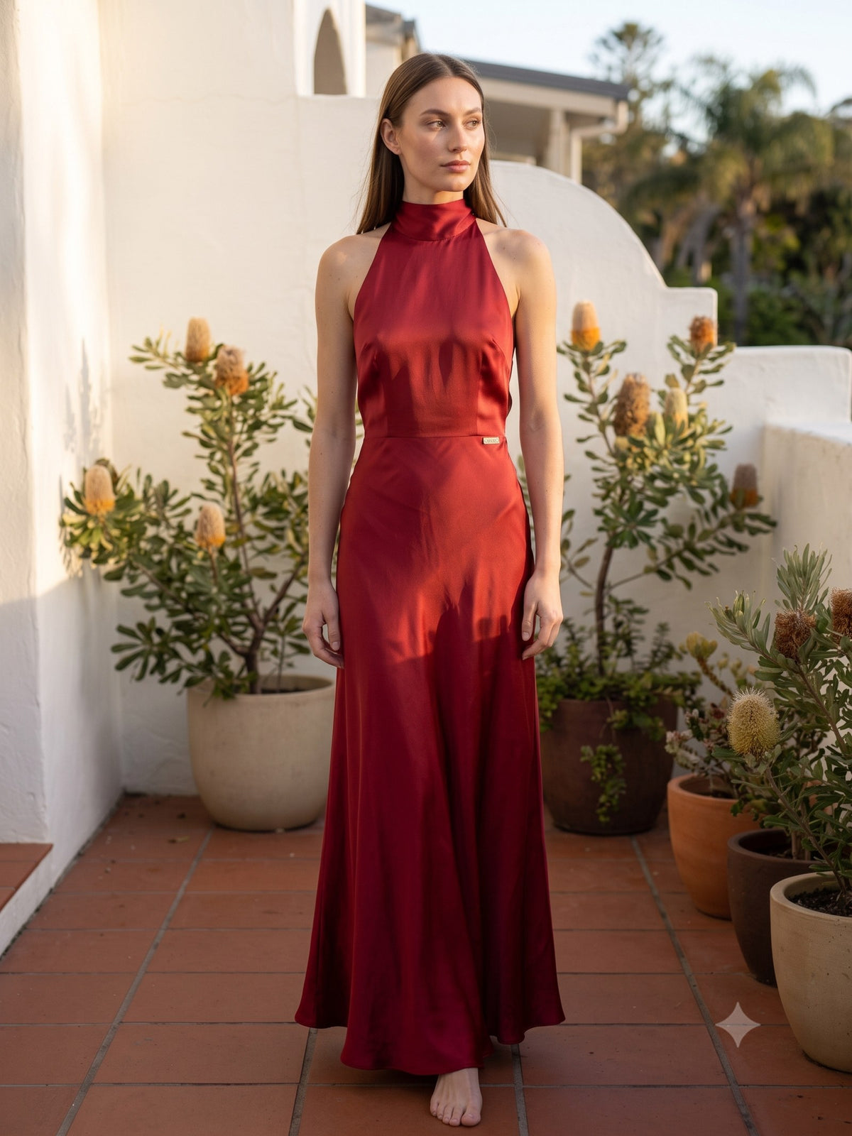 Solstice Silk Halter Maxi in Cherry Lacquer, front