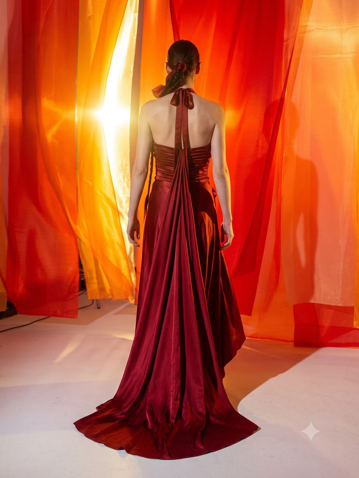 Solstice Silk Halter Maxi in Cherry Lacquer, back