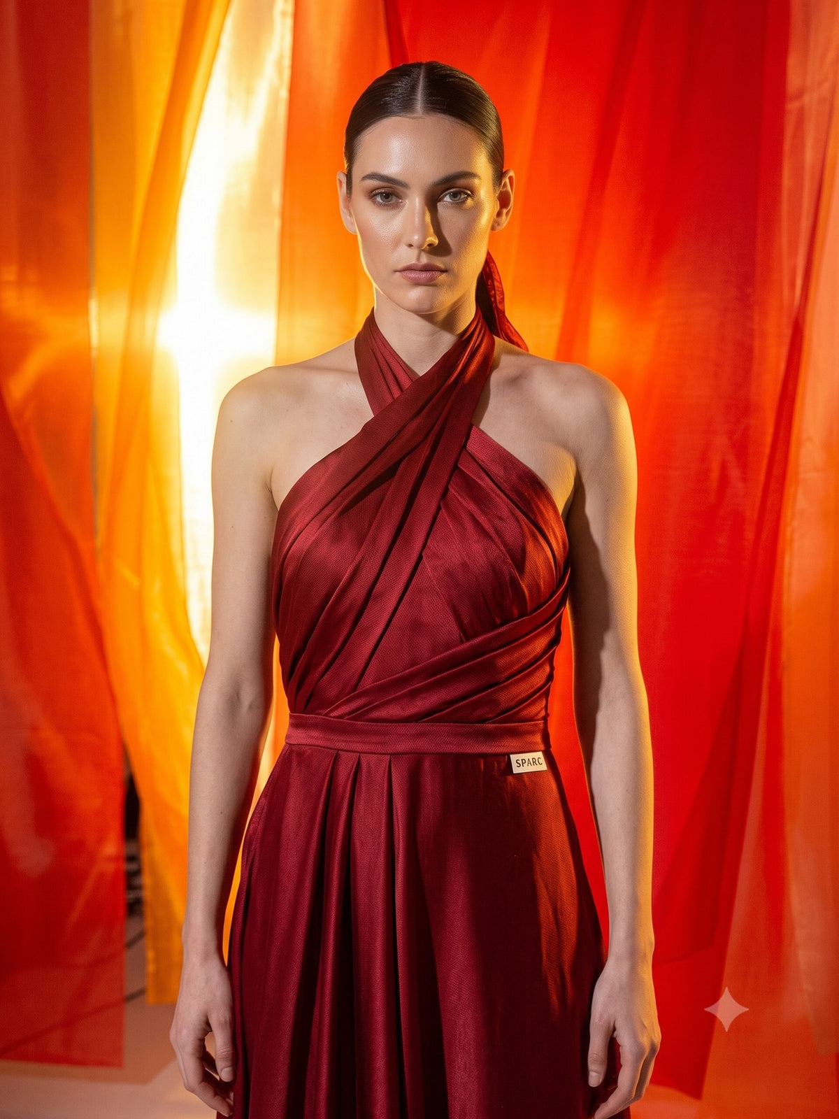 Solstice Silk Halter Maxi in Cherry Lacquer, detail