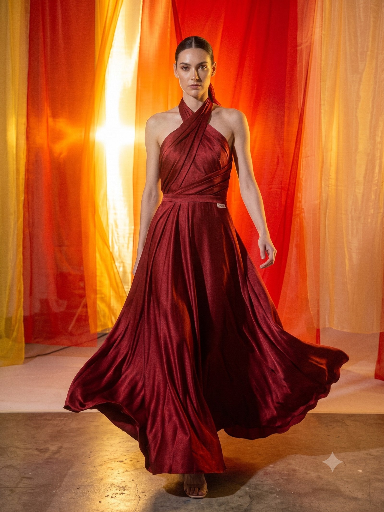 Solstice Silk Halter Maxi in Cherry Lacquer, in motion