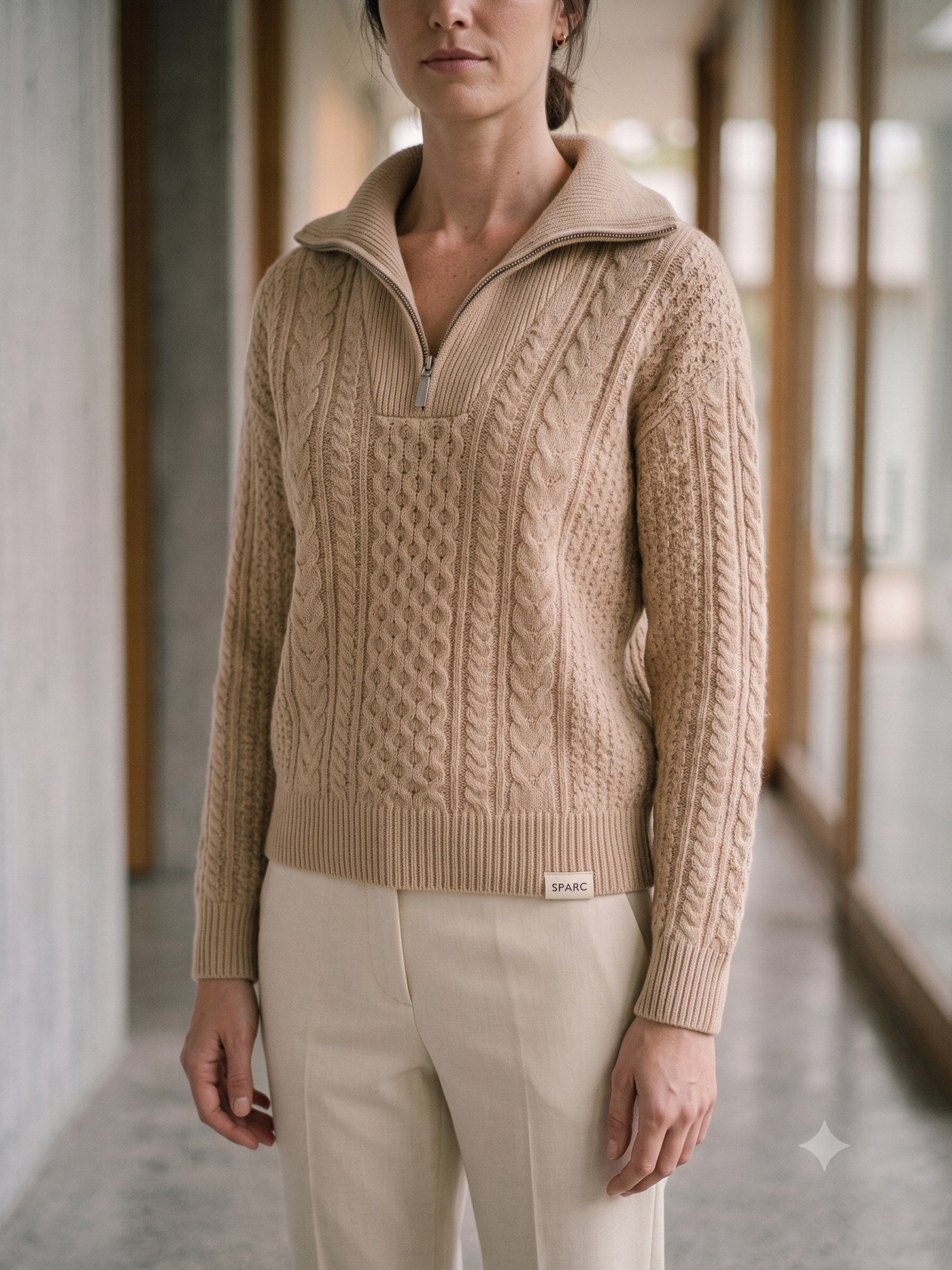 Still Merino Half-Zip Knit in Oat, detail