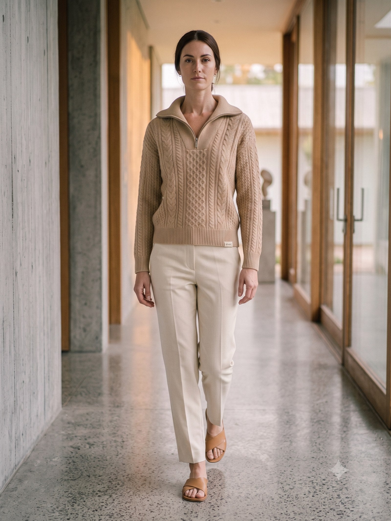 Still Merino Half-Zip Knit in Oat, in motion