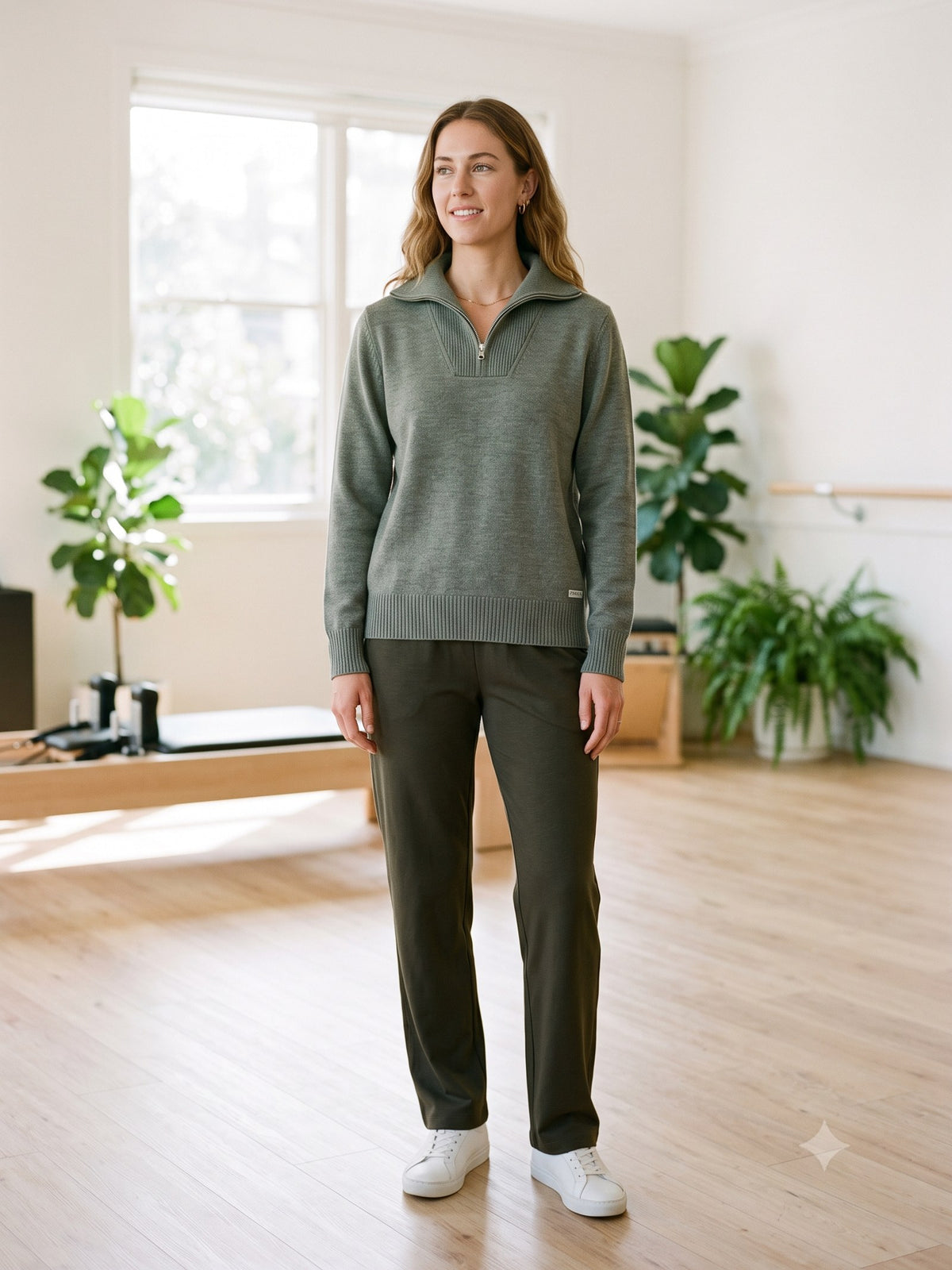 Still Merino Half-Zip Knit in Sage Marl, front
