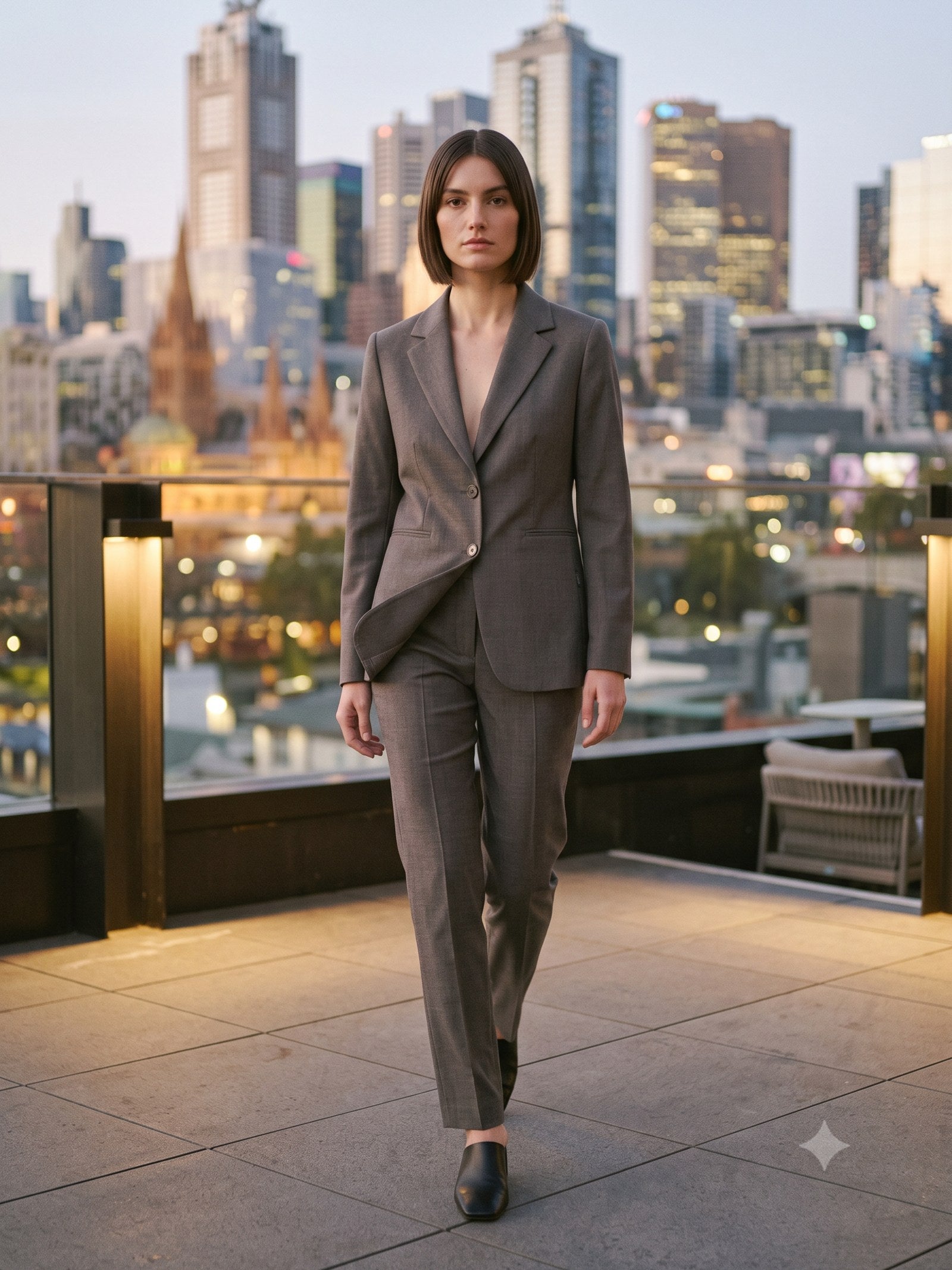Taper Wool Crepe Suit in Char, in motion